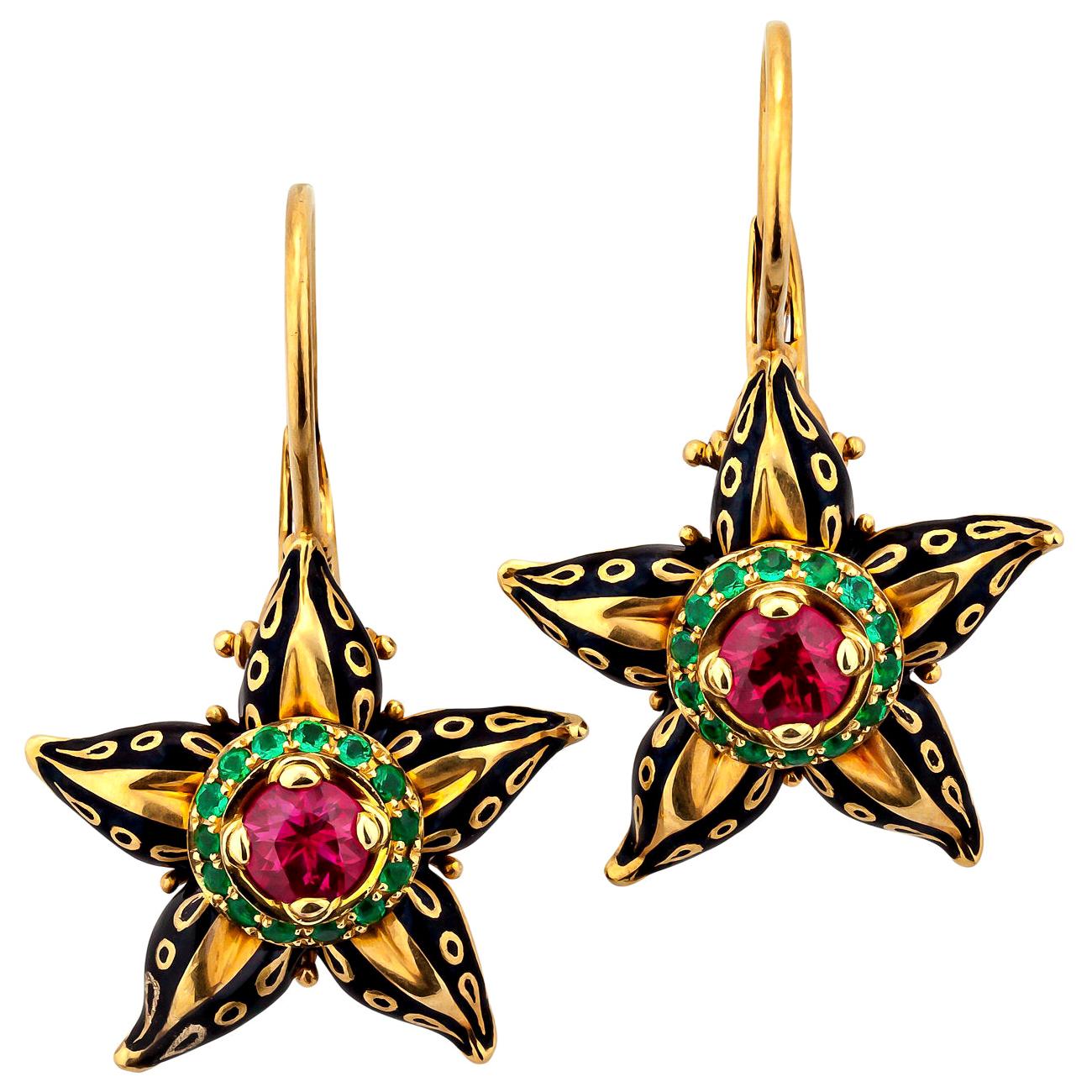 Otto Jakob "Stapelia" Ruby Emerald Enamel Gold Floral Drop Earrings