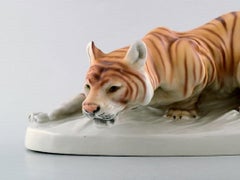Otto Jarl for Royal Dux, Large Impressive Porcelain Figure of Crouching Tiger