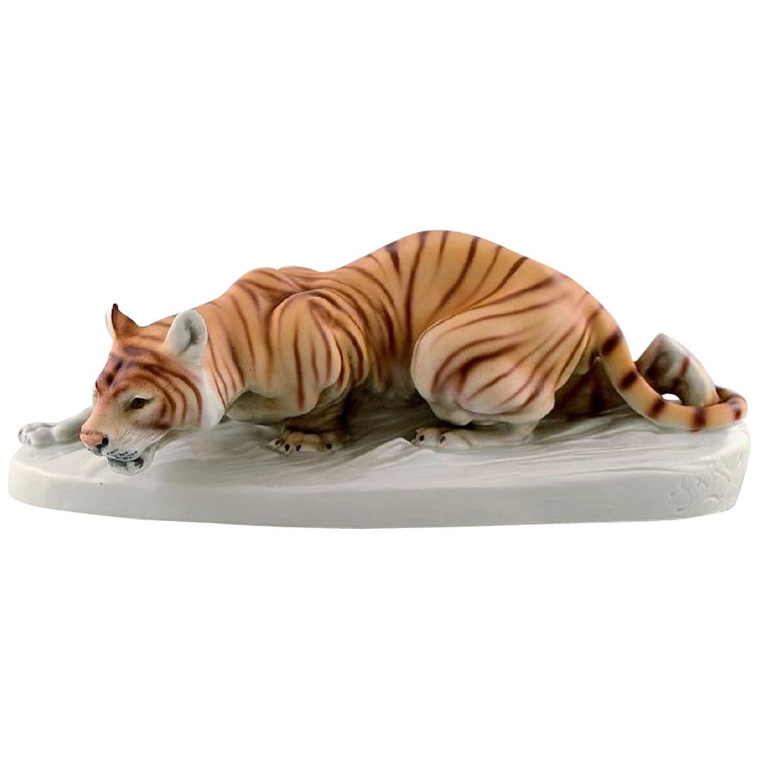 Otto Jarl for Royal Dux, Large Impressive Porcelain Figure of Crouching Tiger