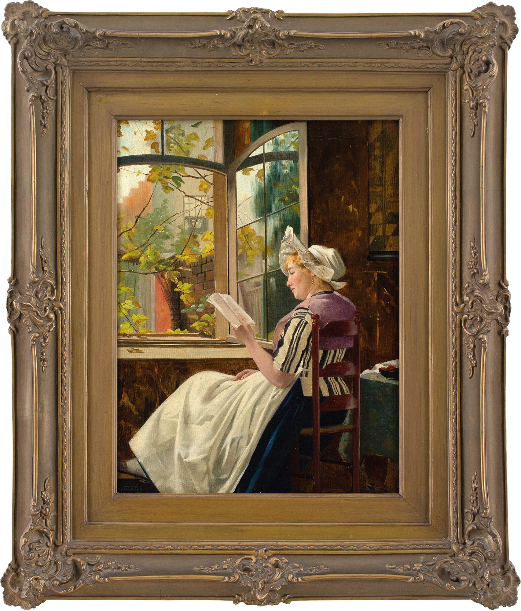 Dieses schöne Ölgemälde des deutschen Künstlers Otto Kirberg (1850-1926) aus dem späten 19. Jahrhundert zeigt eine junge Frau, die an einem offenen Fenster liest. Es ist eine charmante Darstellung, die einen Moment der Ruhe einfängt.

Otto Kirberg