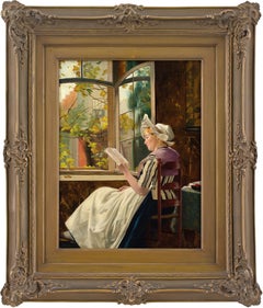 Antique Otto Kirberg, Reading By The Window, Oil Painting