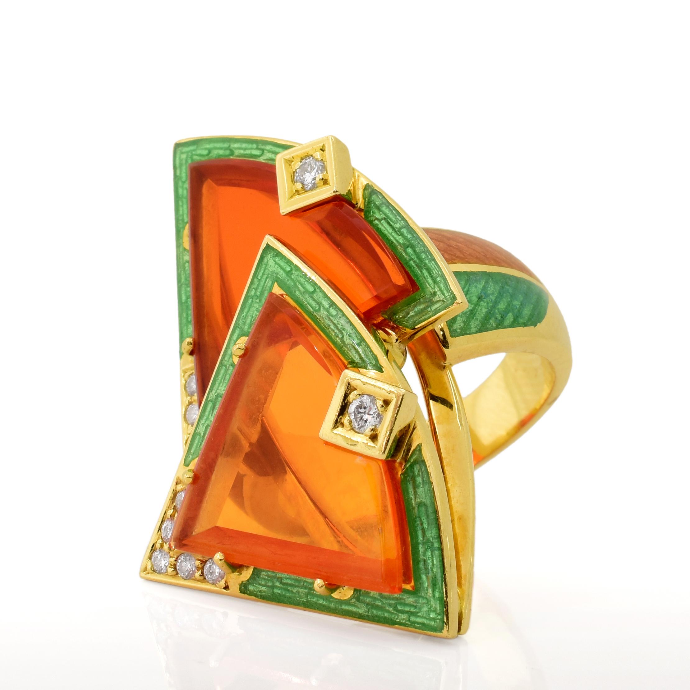 Modernist Otto Klein Fire Opal Diamond Enamel Gold Ring