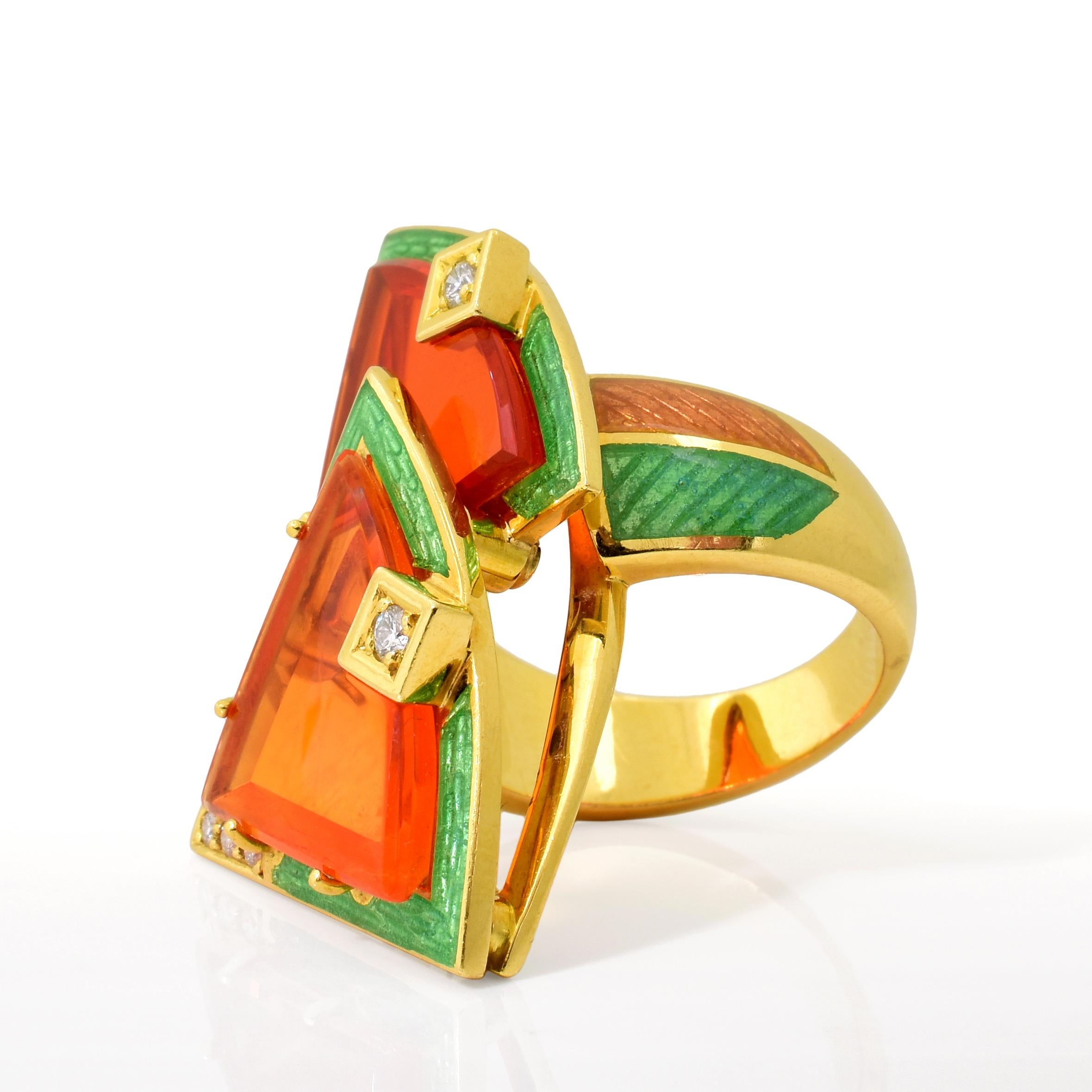 Otto Klein Fire Opal Diamond Enamel Gold Ring In Excellent Condition In Los Angeles, CA