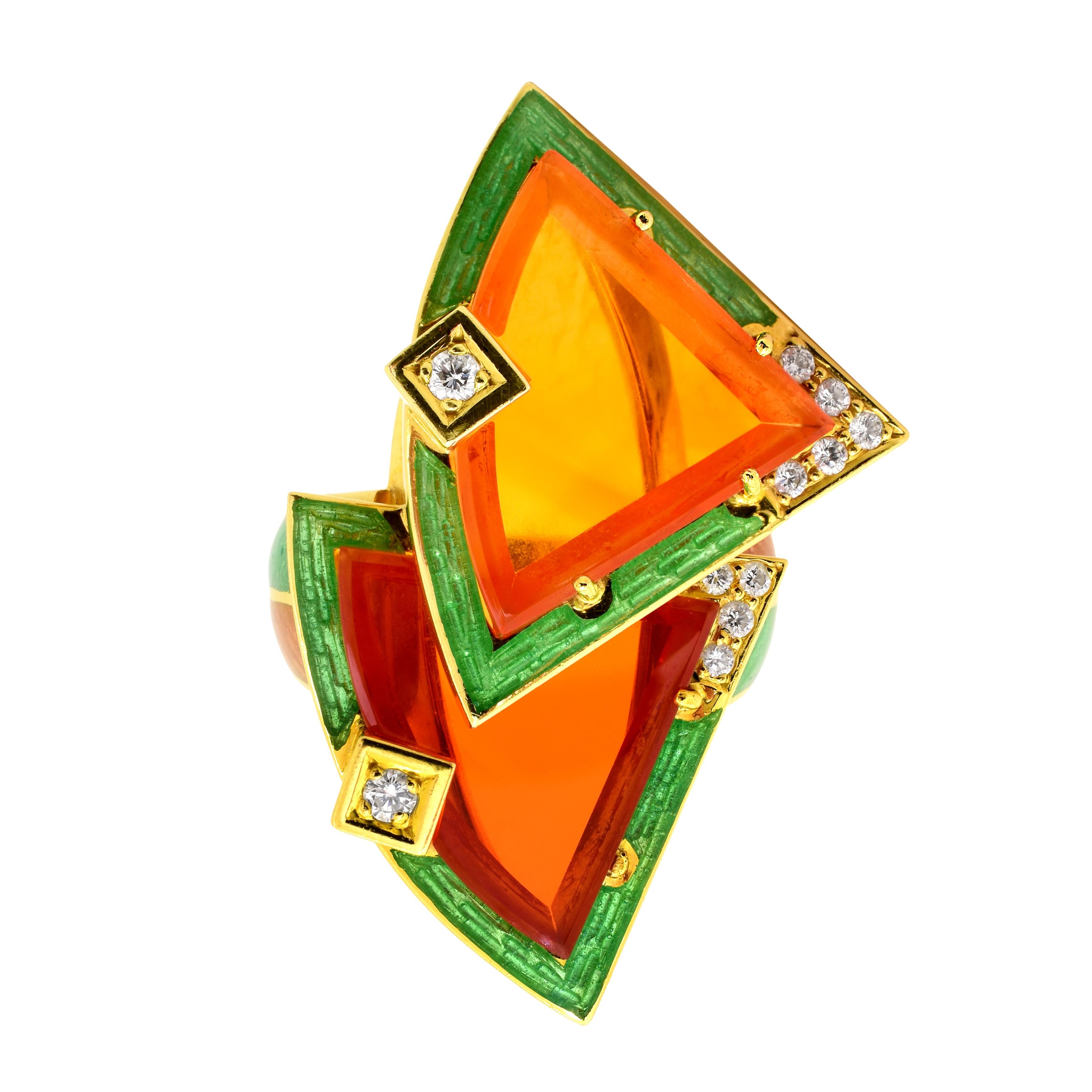 Otto Klein Fire Opal Diamond Enamel Gold Ring
