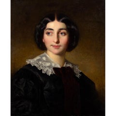 Portrait Of A Young Lady, 19th-Century German Oil Painting