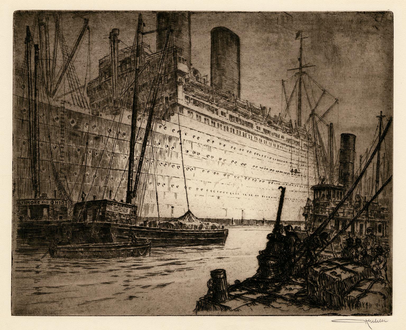 Otto Kuhler Figurative Print – Frachttransporter" - New Yorker Hafen in den 1930er Jahren