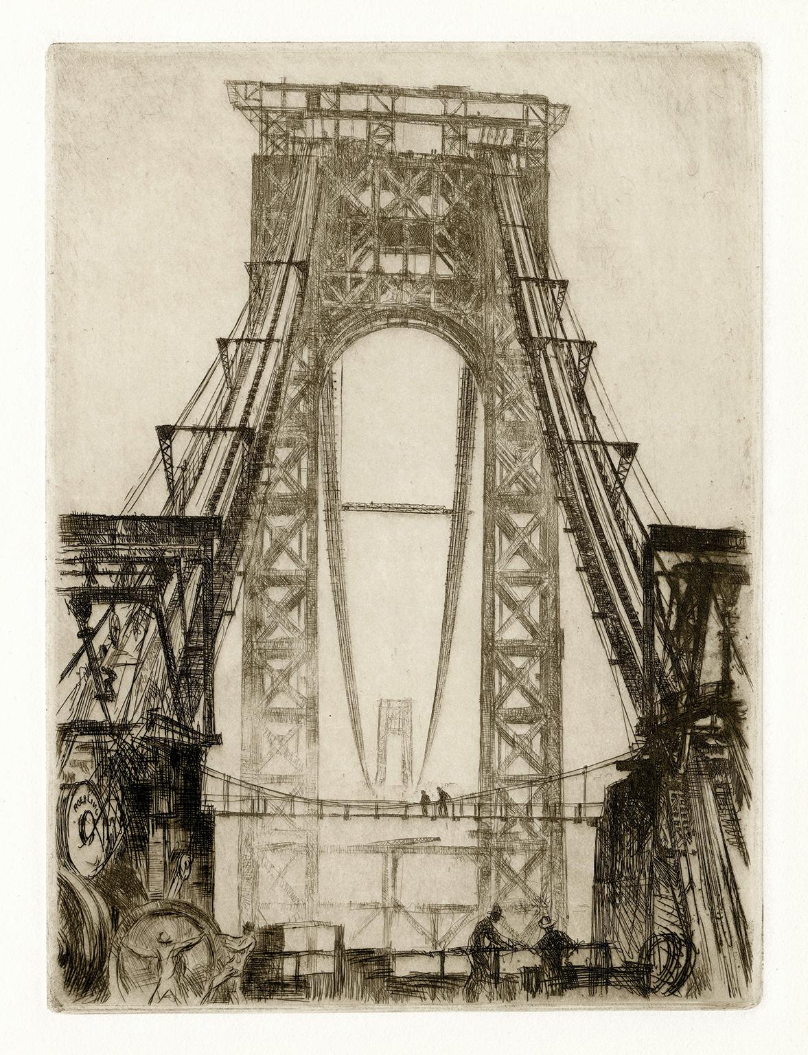 Otto Kuhler Figurative Print - 'George Washington Bridge (Under Construction)' — 1920s New York City