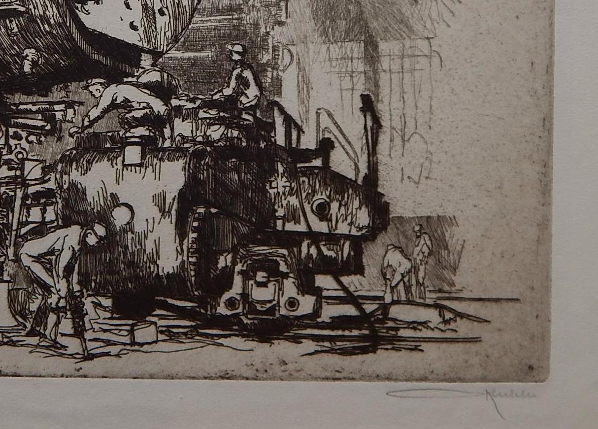 Otto Kuhler Original Lápiz Firmado Aguafuerte Imagen de tren. 