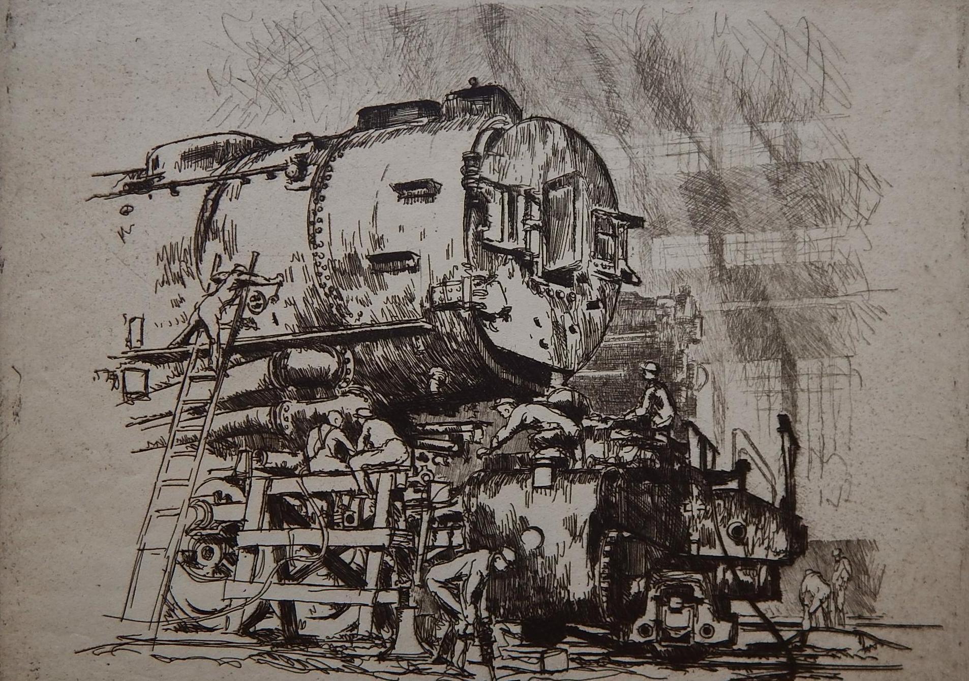 Otto Kuhler Original Lápiz Firmado Aguafuerte Imagen de tren. 