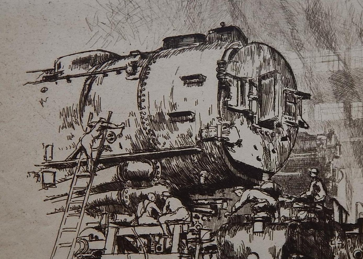 Otto Kuhler Original Lápiz Firmado Aguafuerte Imagen de tren. 