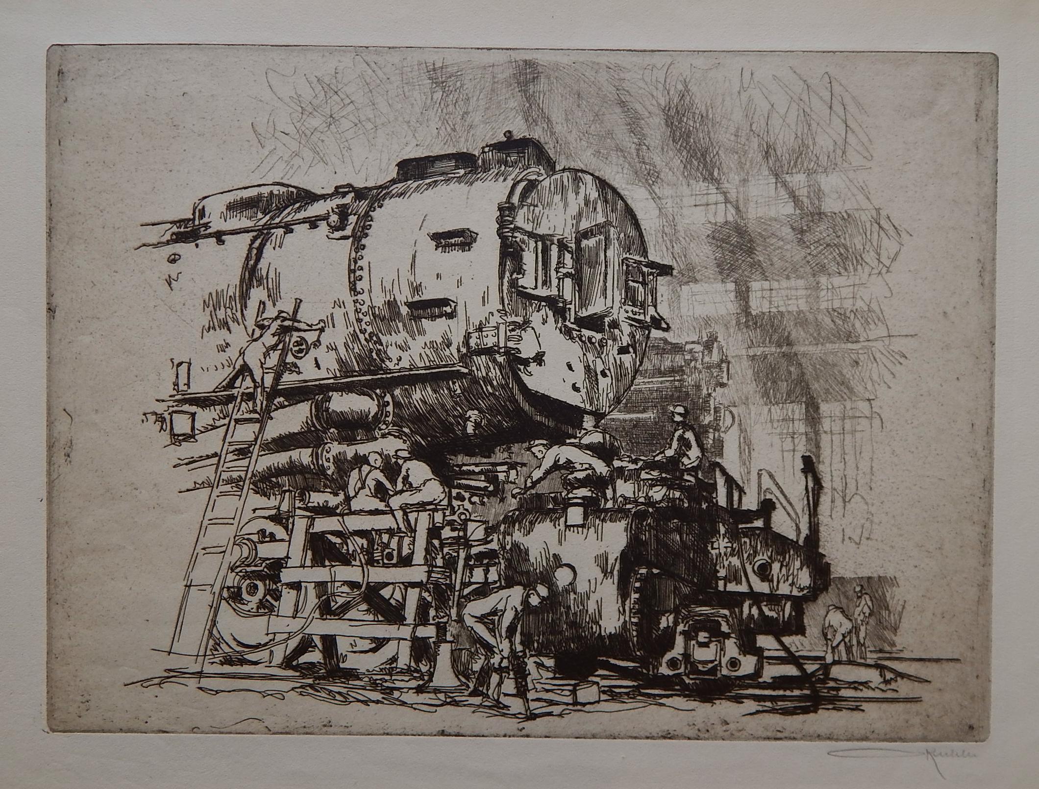 Otto Kuhler (1894-1976), grabado original, 1928. Título: "Monstruos y enanos".
De la carpeta "Caballo de hierro en construcción". Firmado abajo a la derecha. 
La imagen mide 9,38" de alto x 12,94" de ancho. El título a lápiz se ve abajo a la