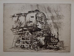 Otto Kuhler Original Lápiz Firmado Aguafuerte Imagen de tren. "Monstruos y enanos"
