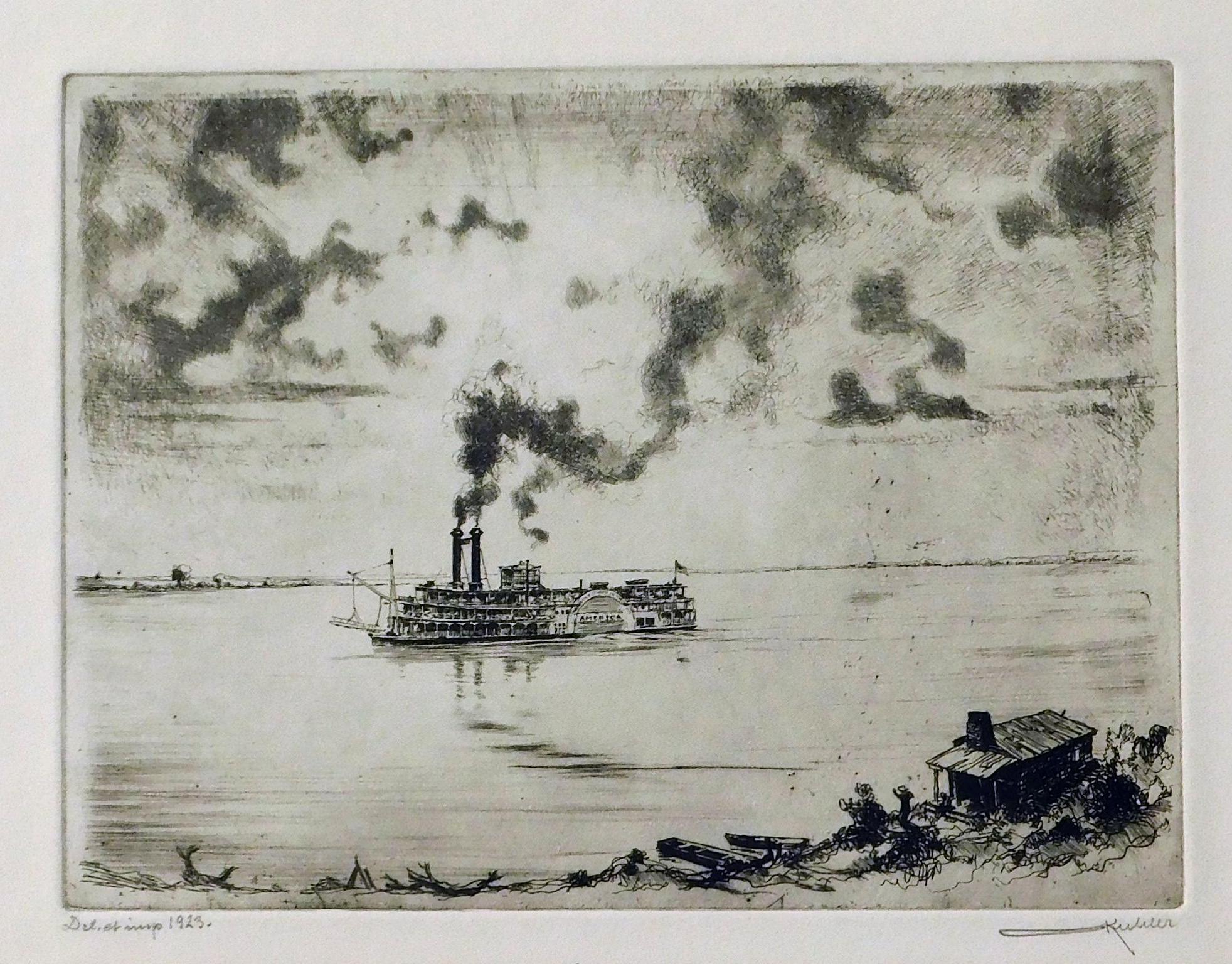 Otto Kuhler (1894-1976) acquaforte originale, 1923. Titolo: "Sera del Mississippi"
Firmato a matita in basso a destra. Titolo a matita in basso al centro. Datato in basso a sinistra, 1923. 
L'immagine misura 7 7/8 "h x 10 3/8 "w, l'edizione è di 25