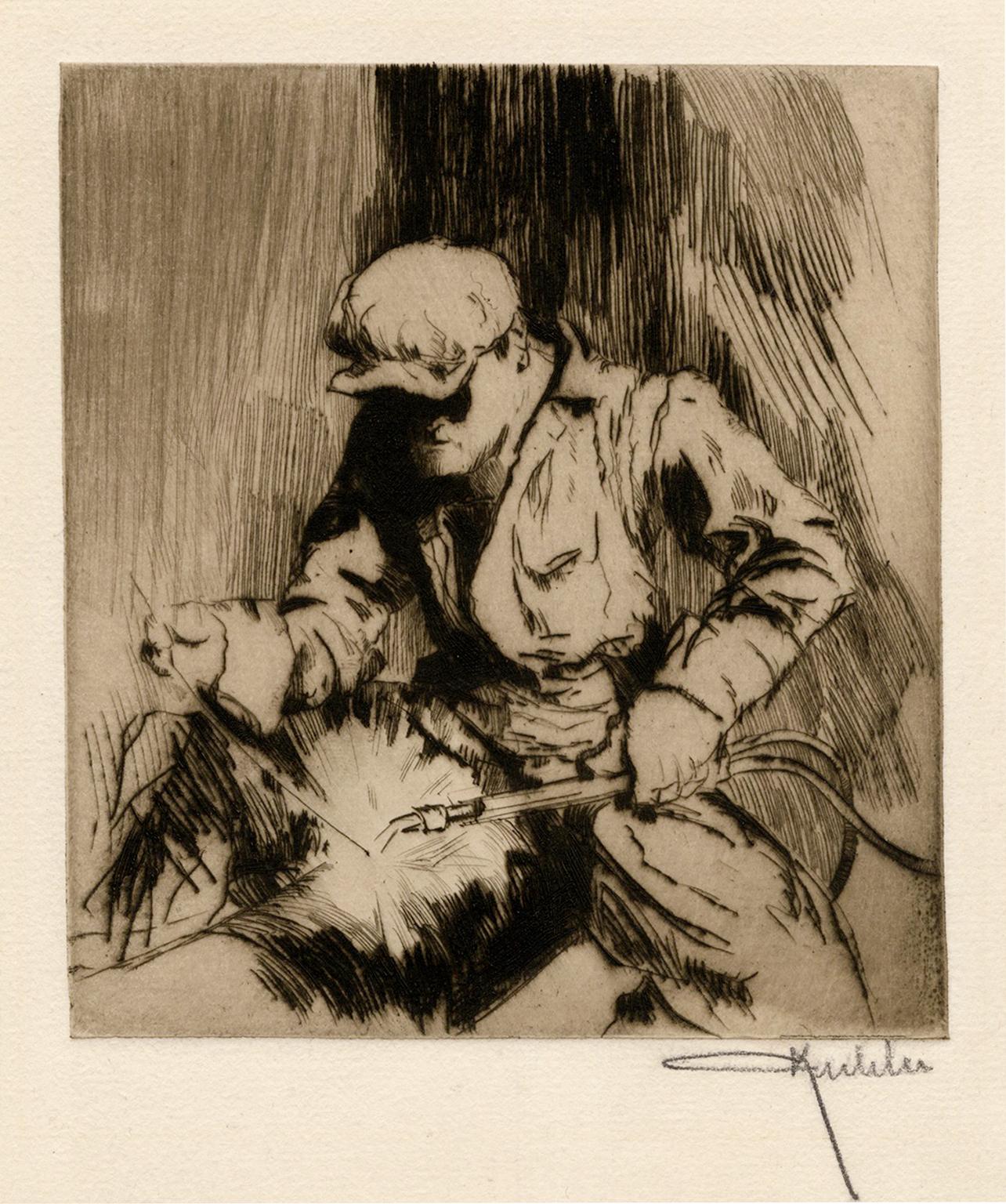 Otto Kuhler Figurative Print – The Welder" - Amerikanischer Expressionismus der 1920er Jahre