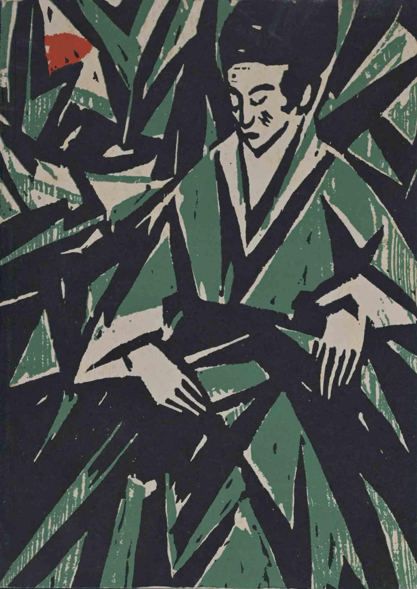 Portrait Print Otto Lange b.1879 - Femme en vert, gravure sur bois d'Otto Lange - 1916