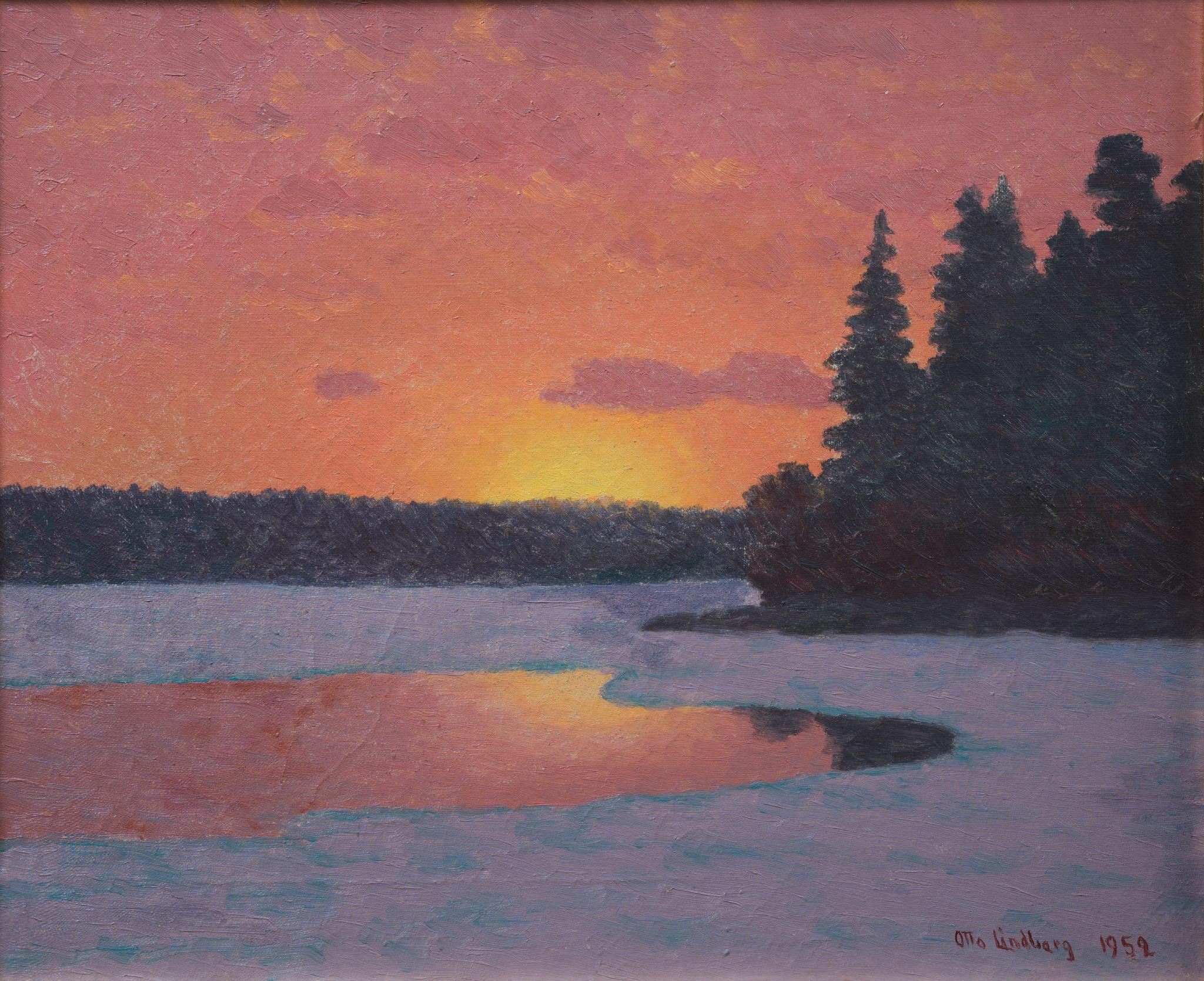 This exquisite painting by the artist Otto Lindberg (1880-1955) is a mesmerizing depiction of a spring sunset. Crafted in 1952, this piece stands as one of Lindberg's final paintings, encapsulating the beauty and transitory nature of life itself.