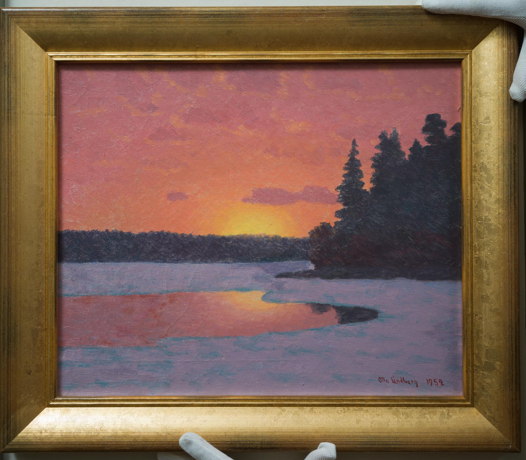 Coucher de soleil printanier, peinture à l'huile originale de 1952 - Romantique Painting par Otto Lindberg