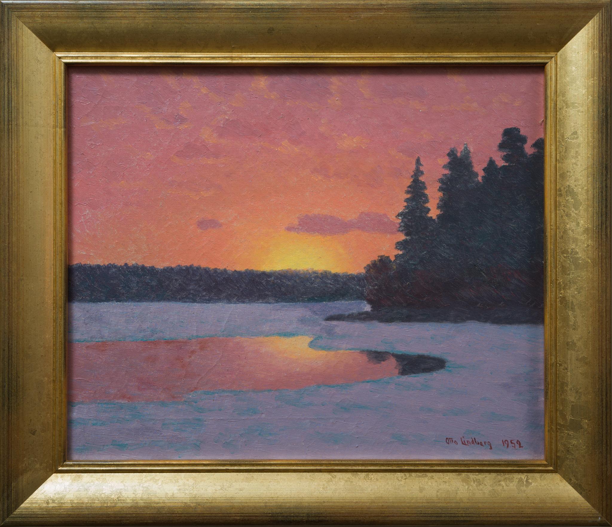 Otto Lindberg Landscape Painting - A Spring Sunset, Original Oil Painting from 1952
