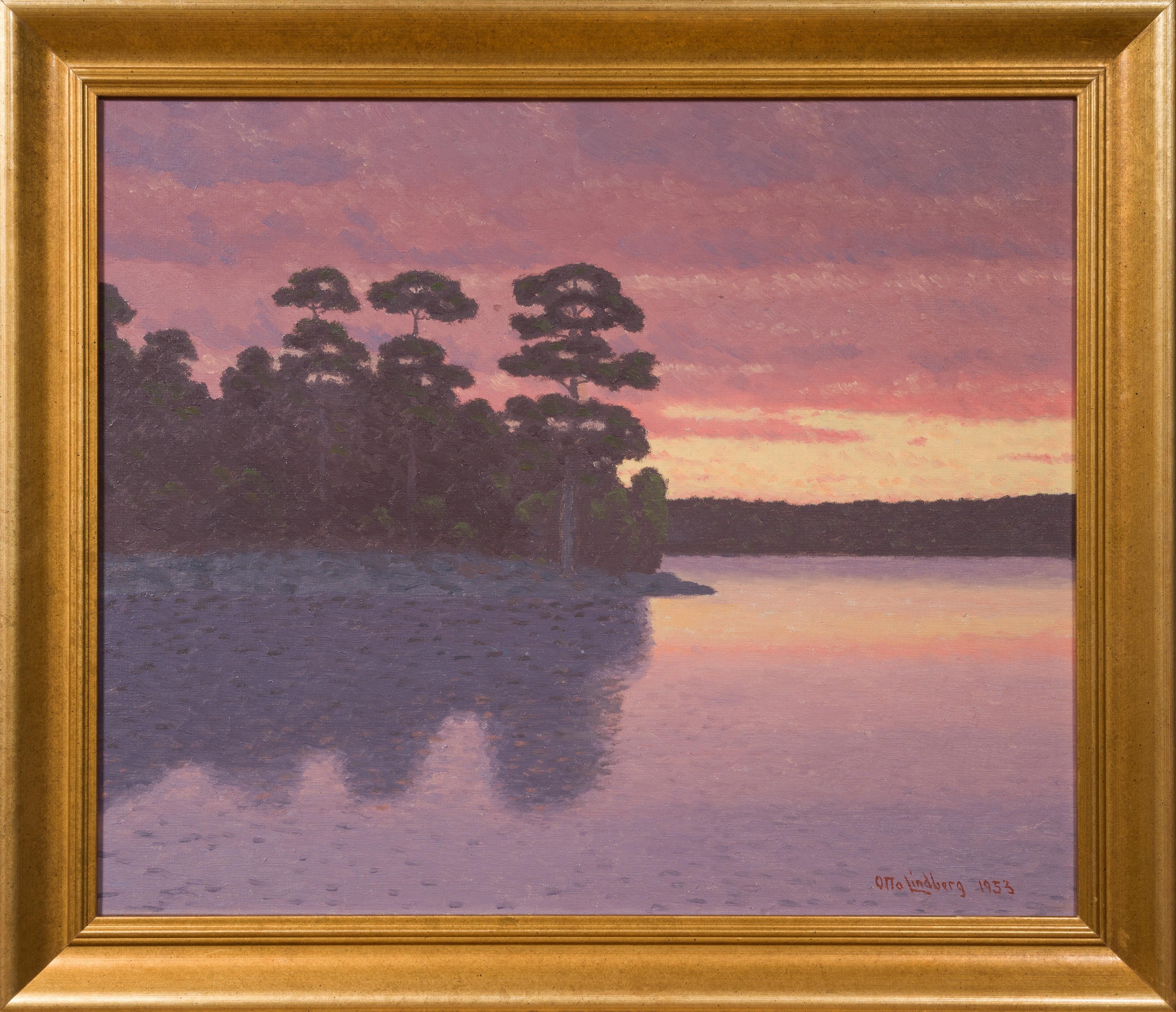 Lakeside Sunset, 1953 Oil Painting, Signed Swedish Landscape