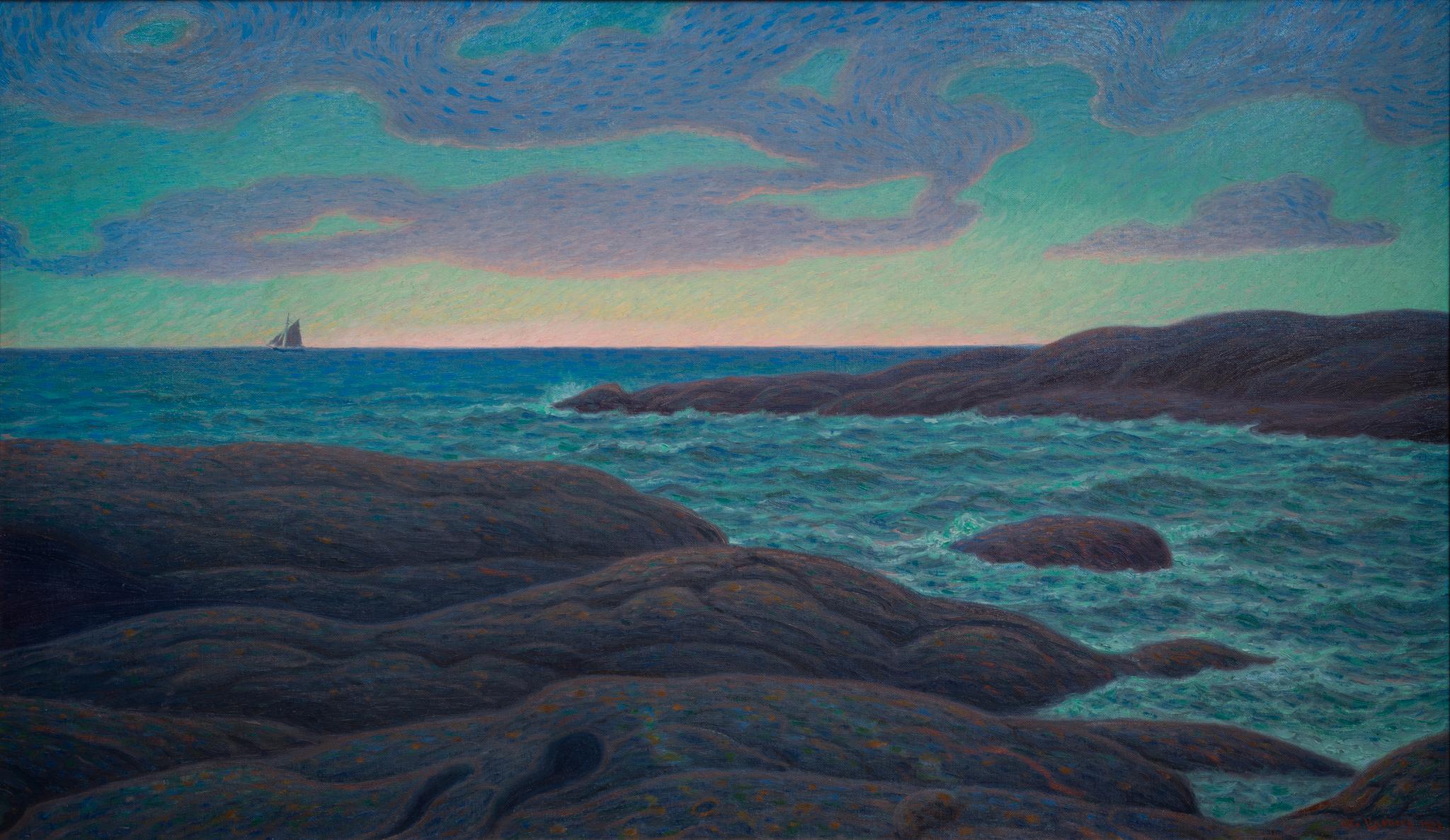 Gran óleo marítimo llamado Rompeolas en Utö, 1928 - Painting Posimpresionista de Otto Lindberg