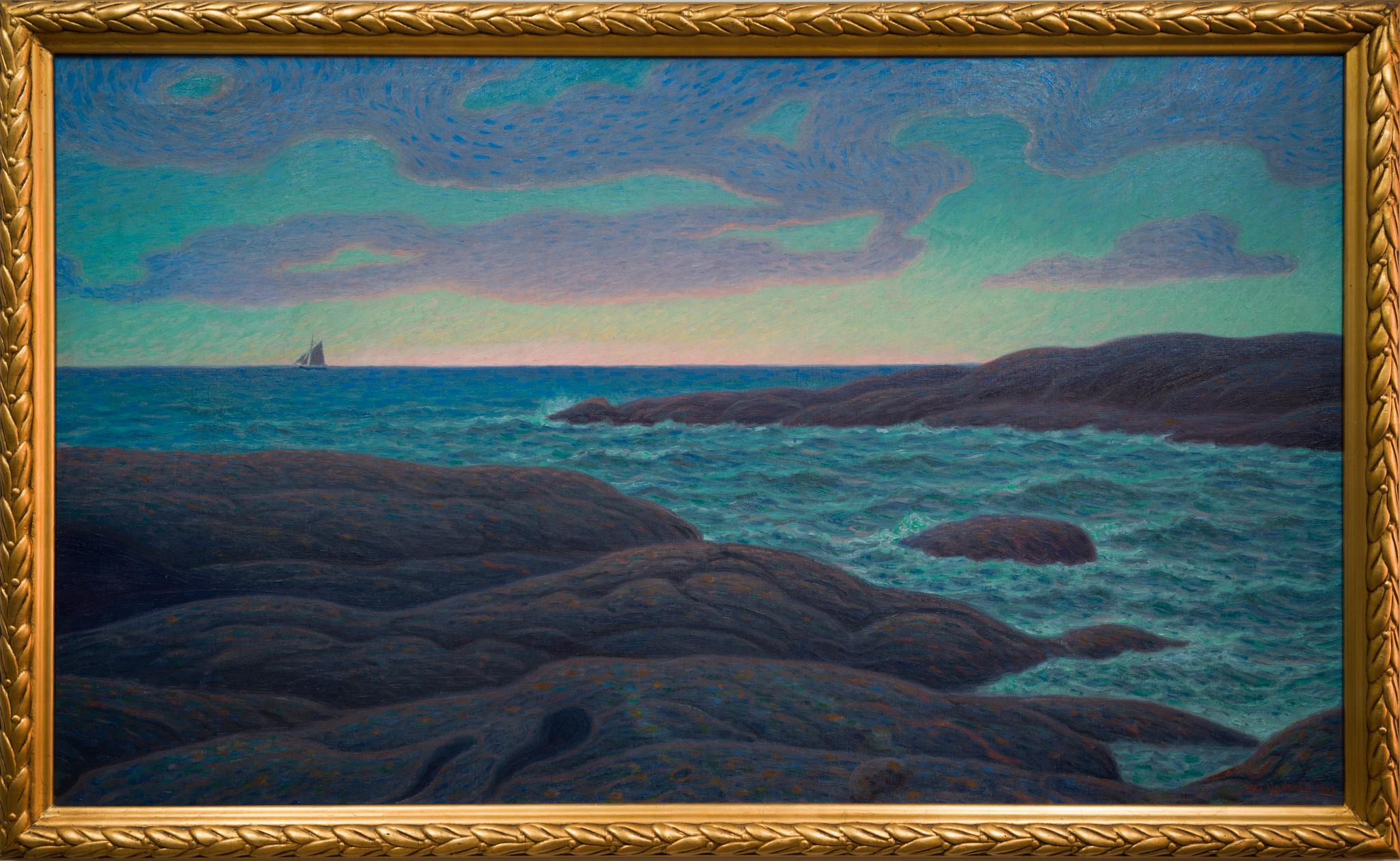 Landscape Painting de Otto Lindberg - Gran óleo marítimo llamado Rompeolas en Utö, 1928