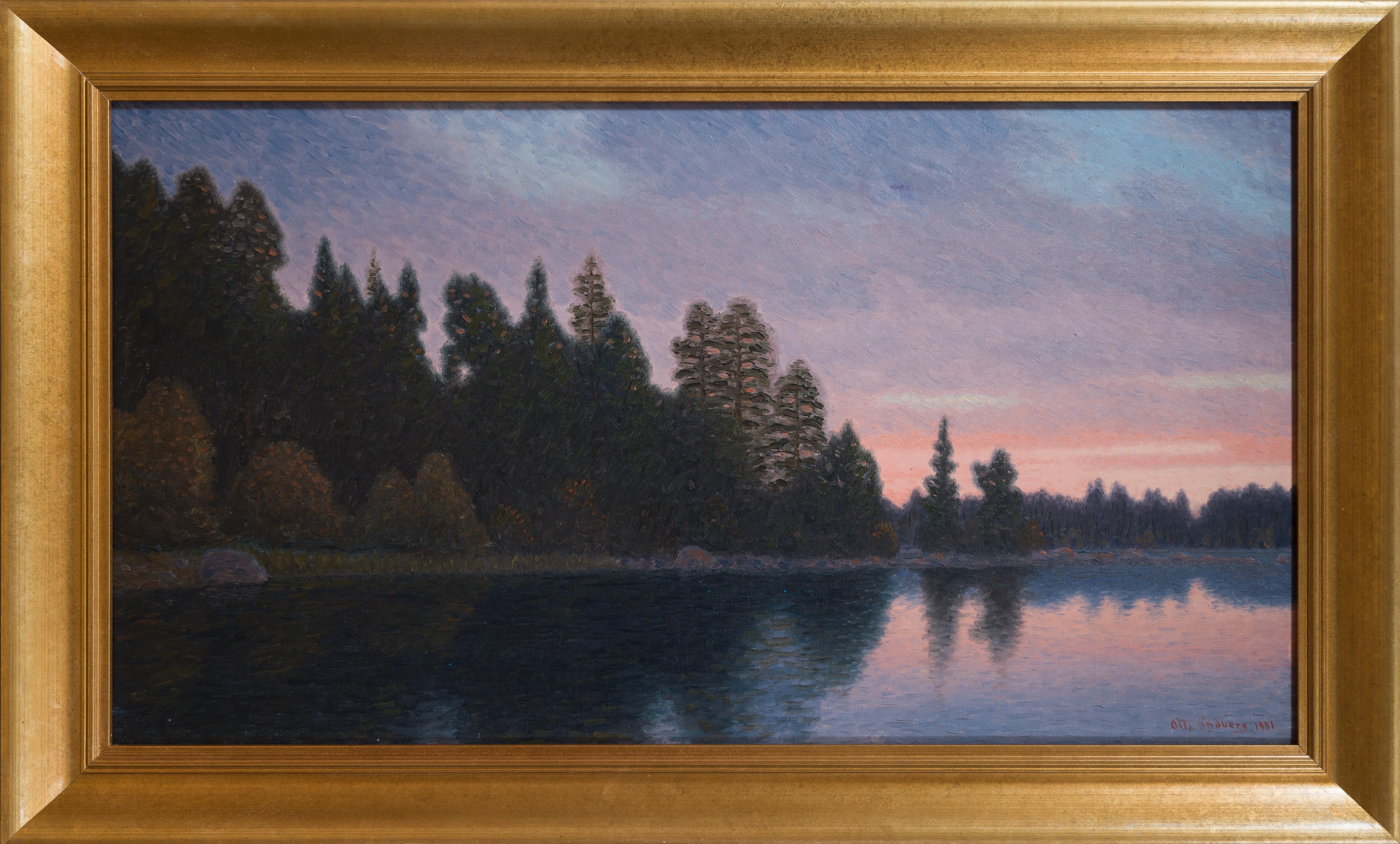 Large Post Impressionist Oil Painting Depicting A Swedish Lake at Dusk