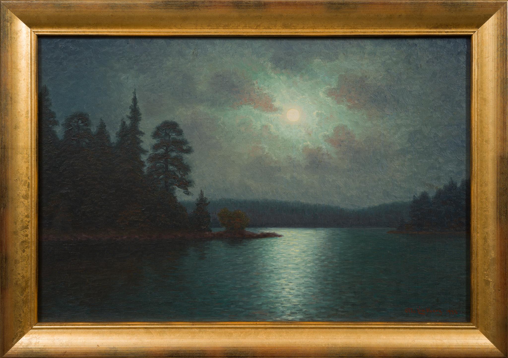 Le clair de lune au-dessus du lac par l'artiste suédois Otto Lindberg, peint en 1933 en vente 2
