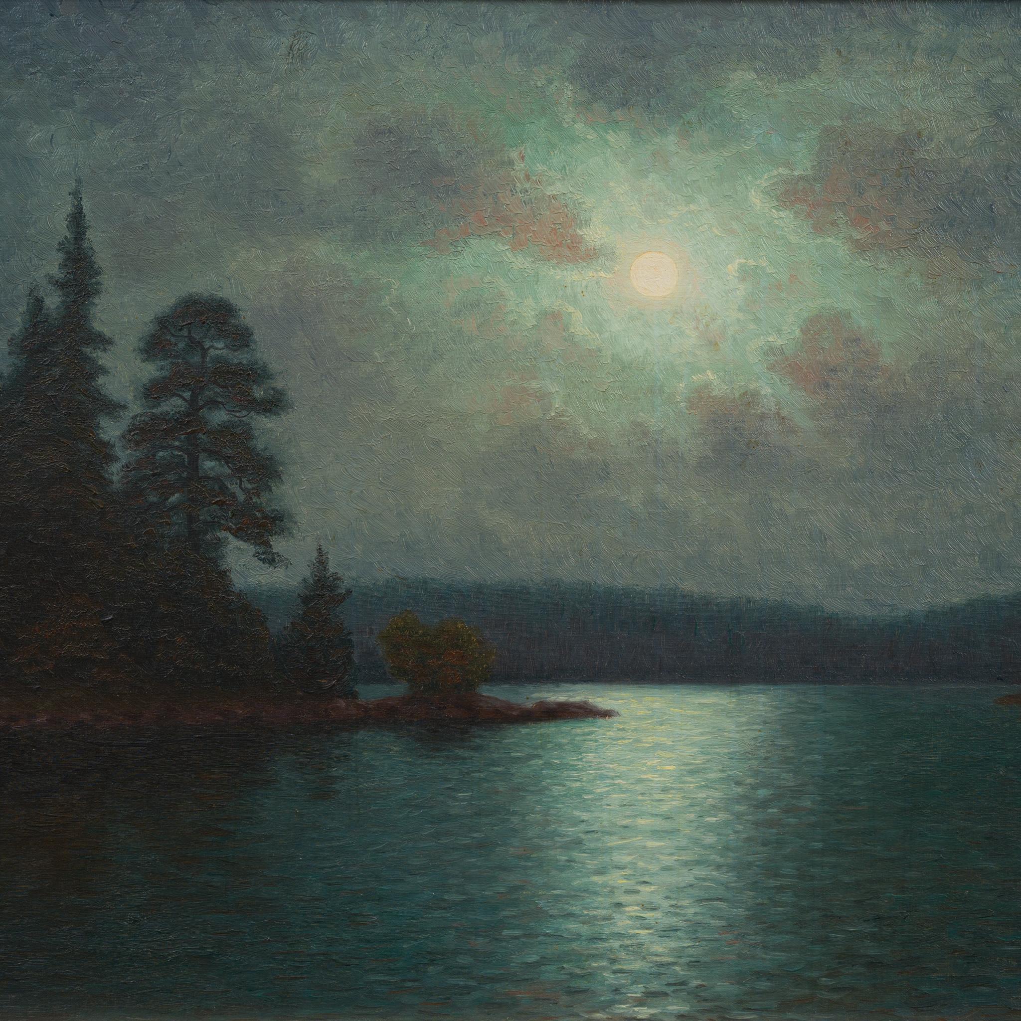 Le clair de lune au-dessus du lac par l'artiste suédois Otto Lindberg, peint en 1933 en vente 3