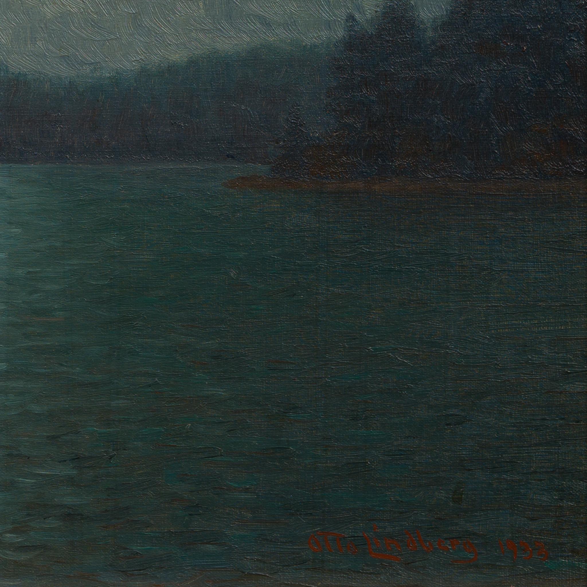 Le clair de lune au-dessus du lac par l'artiste suédois Otto Lindberg, peint en 1933 en vente 4