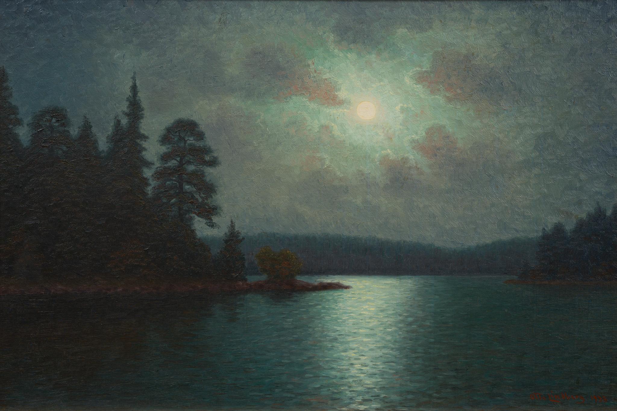 Otto Lindberg's 'Moonlight Over the Lake' is a remarkable testament to the serene beauty and atmospheric tranquility that characterizes the finest of landscape paintings. Created in 1933, this piece encapsulates a moment of quietude under the gentle
