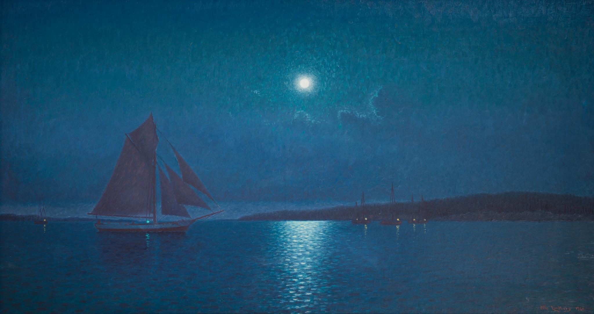 Sailboats under Moonlight, A Rare Large Oil Painting by Otto Lindberg From 1926 1