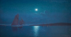 Sailboats under Moonlight, A Rare Large Oil Painting by Otto Lindberg From 1926