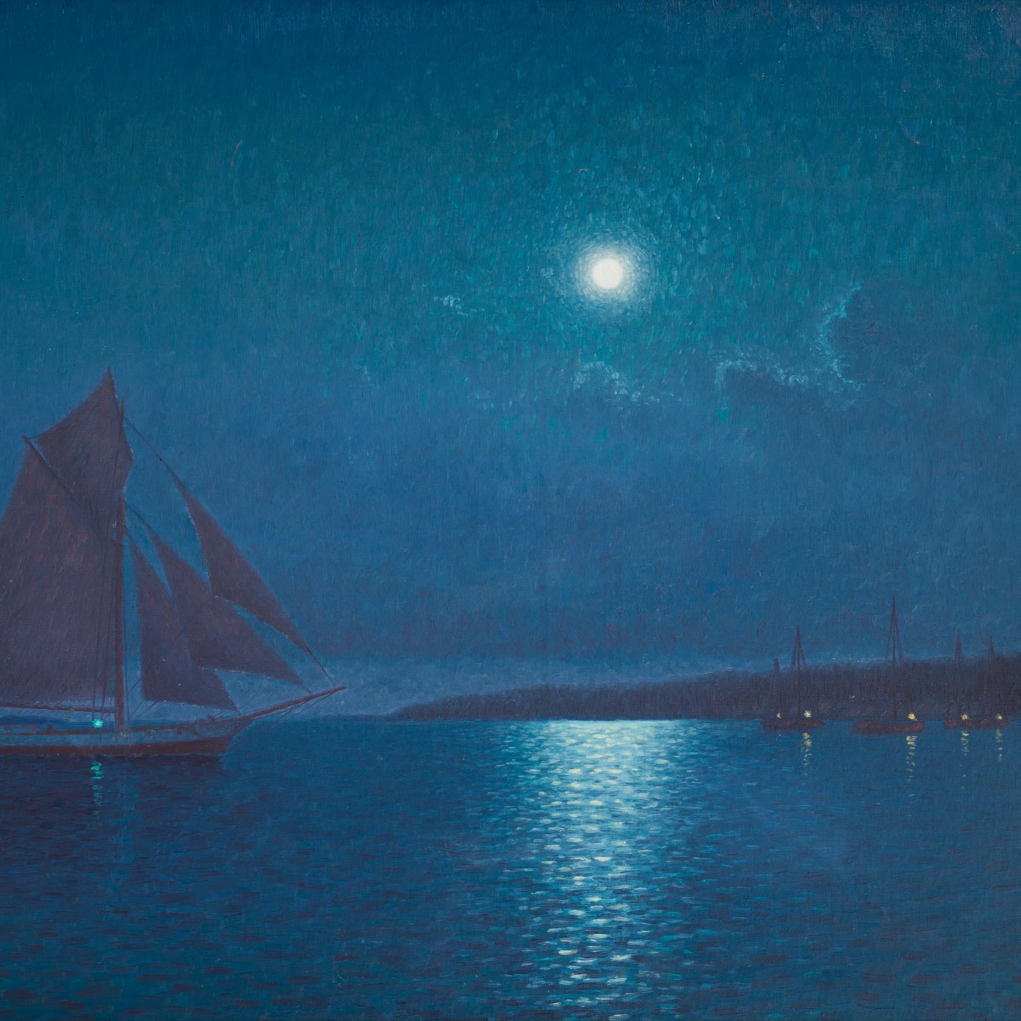 Sailboats under Moonlight, A Rare Large Oil Painting by Otto Lindberg From 1926 3