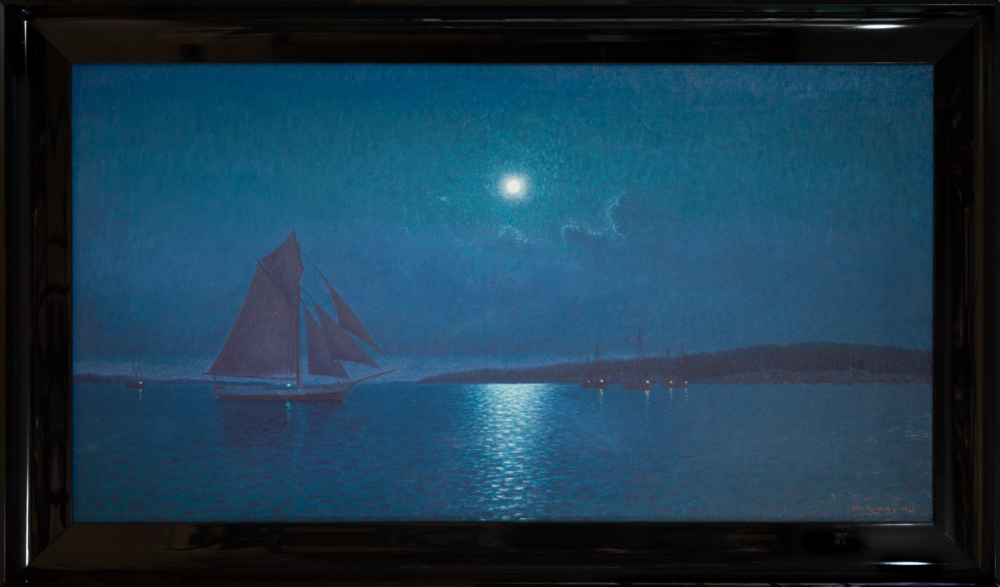 In this serene nocturnal scene, two sailboats drift quietly under the glow of a full moon. The largest boat’s dark sails are silhouetted against a deep blue sky, while the moon hangs high, haloed by wisps of cloud. Its silver light spills across the