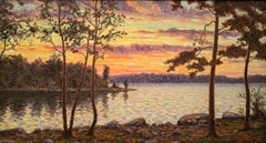 Swedish Lake View in the Evening Light by Otto Lindberg, Oil on Canvas, Sunset