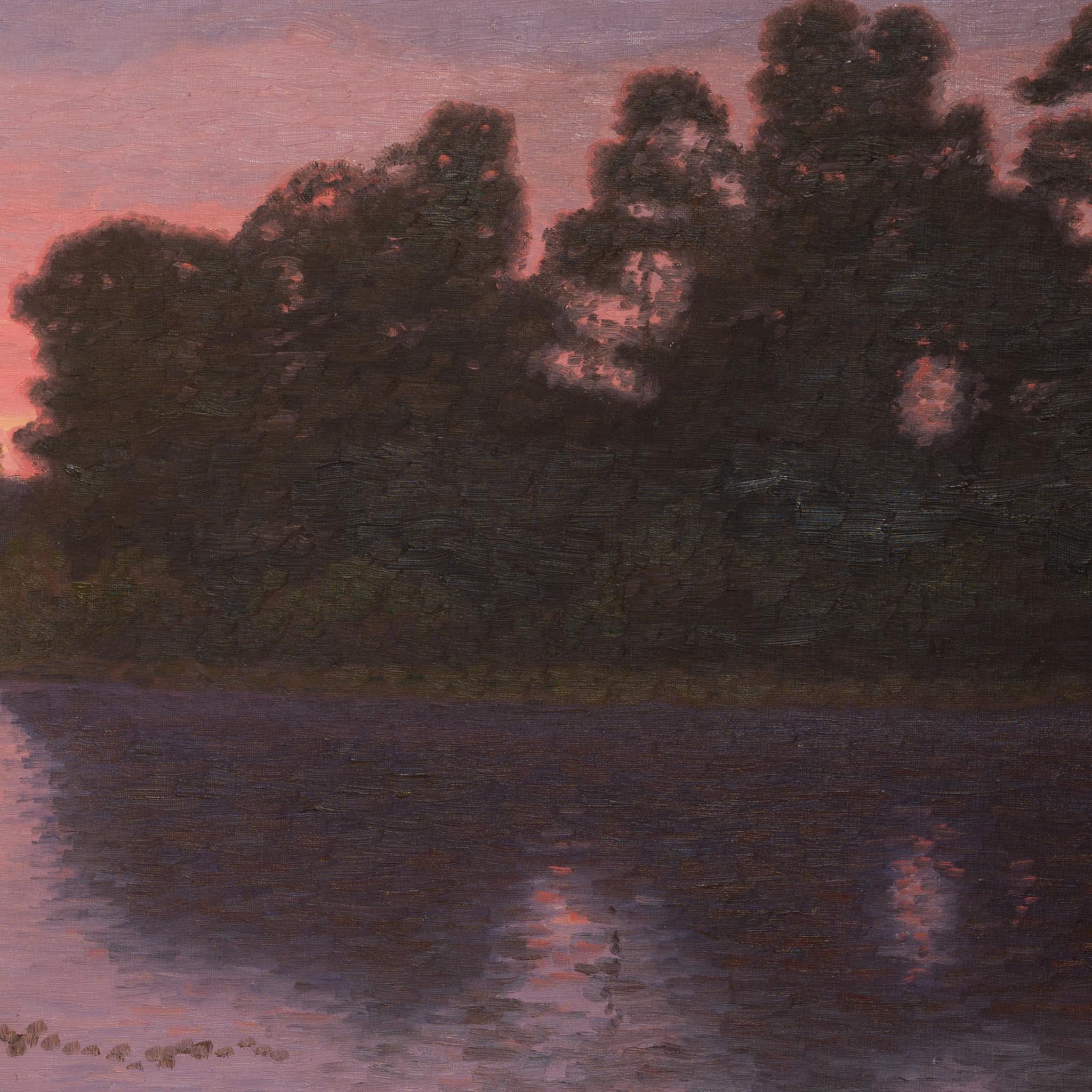 Otto Lindberg (1880-1955) - Reflejos crepusculares, Archipiélago de Söderhamn

Crepúsculo sereno en el archipiélago de Söderhamn
Este monumental óleo sobre lienzo (65 x 120 cm) presenta una amplia vista del archipiélago de Söderhamn al atardecer. El