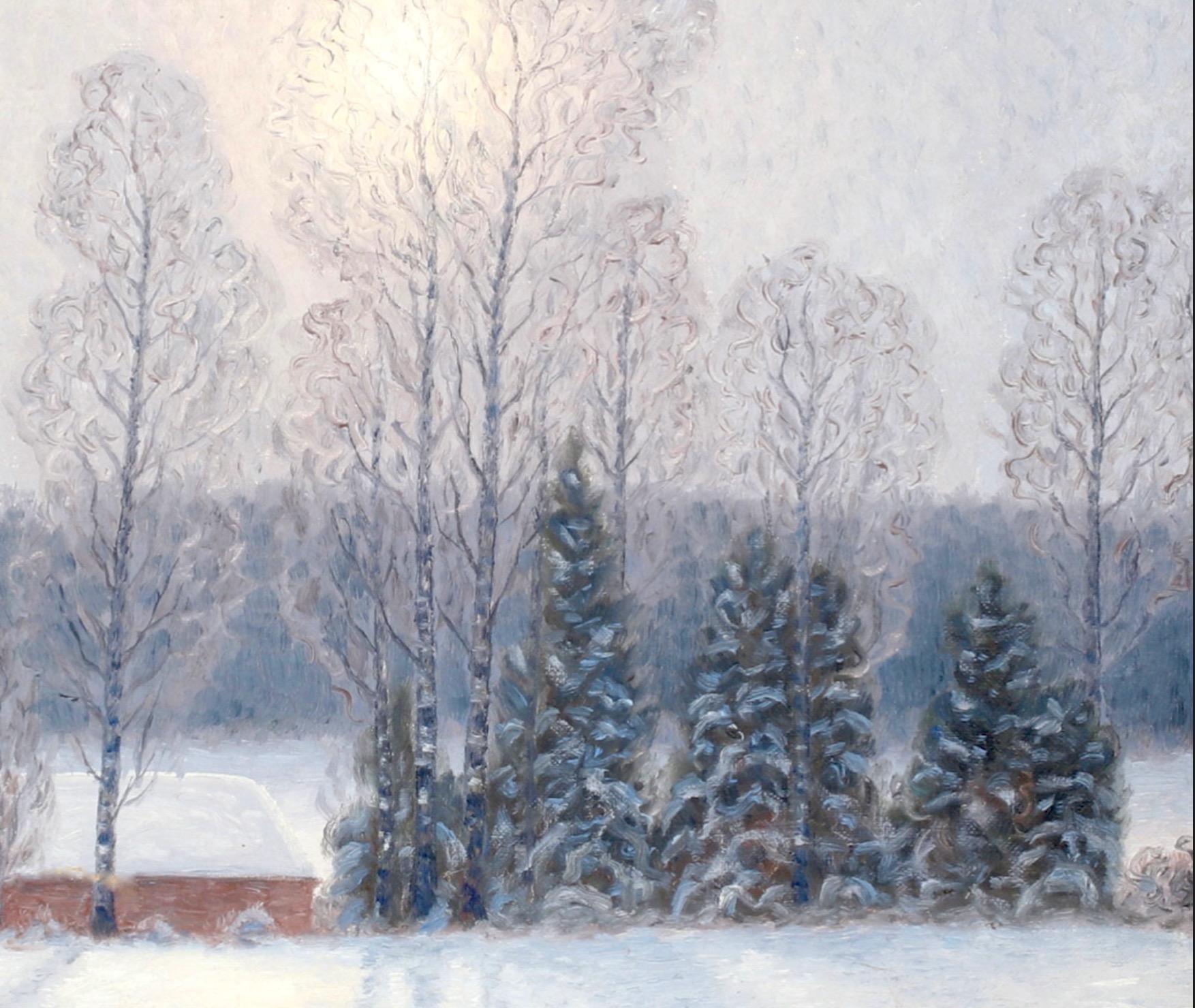 Paesaggio invernale con Cabine rosse - Olio su tela del 1930 in vendita 1