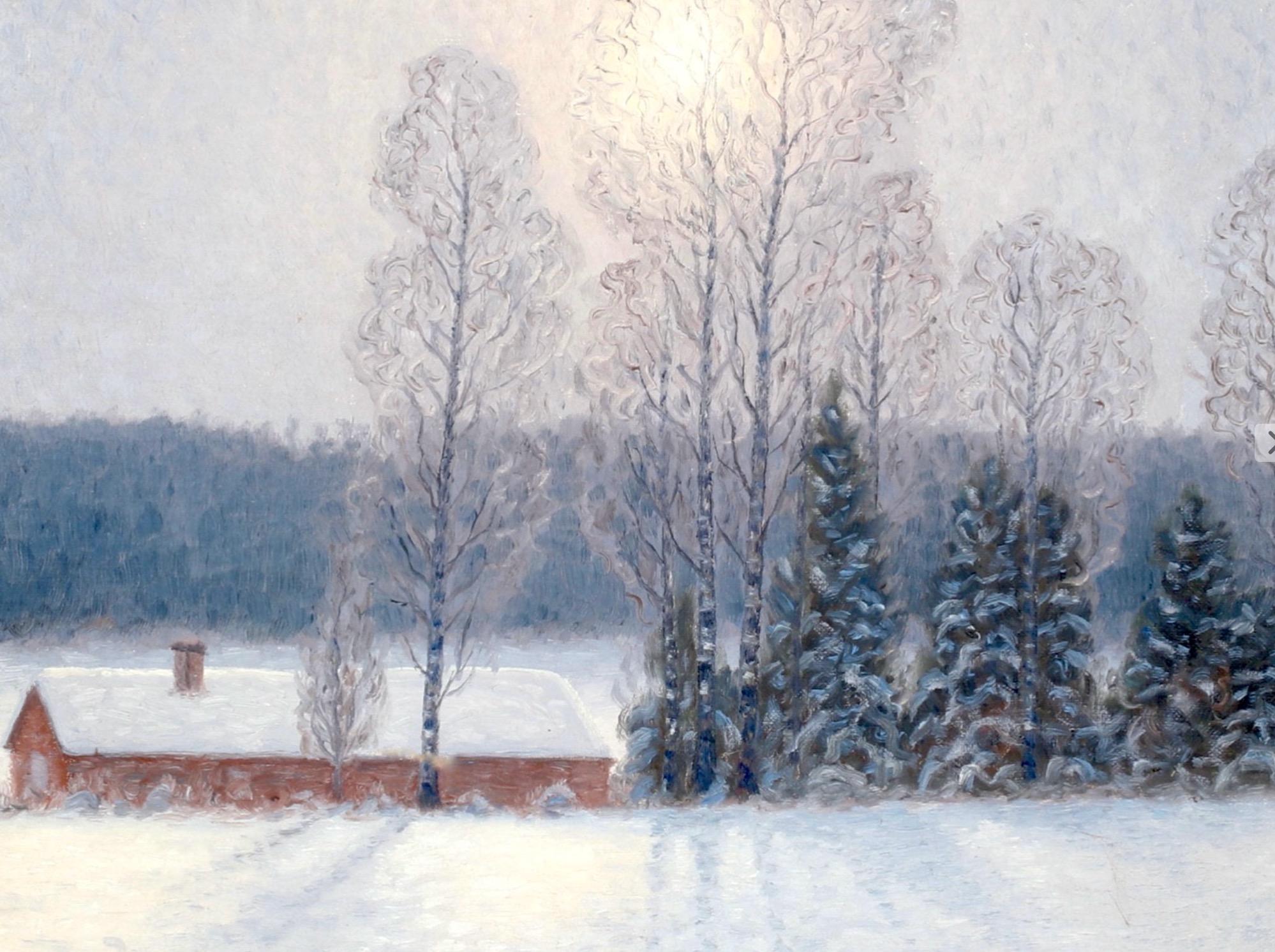 Paesaggio invernale con Cabine rosse - Olio su tela del 1930 in vendita 4