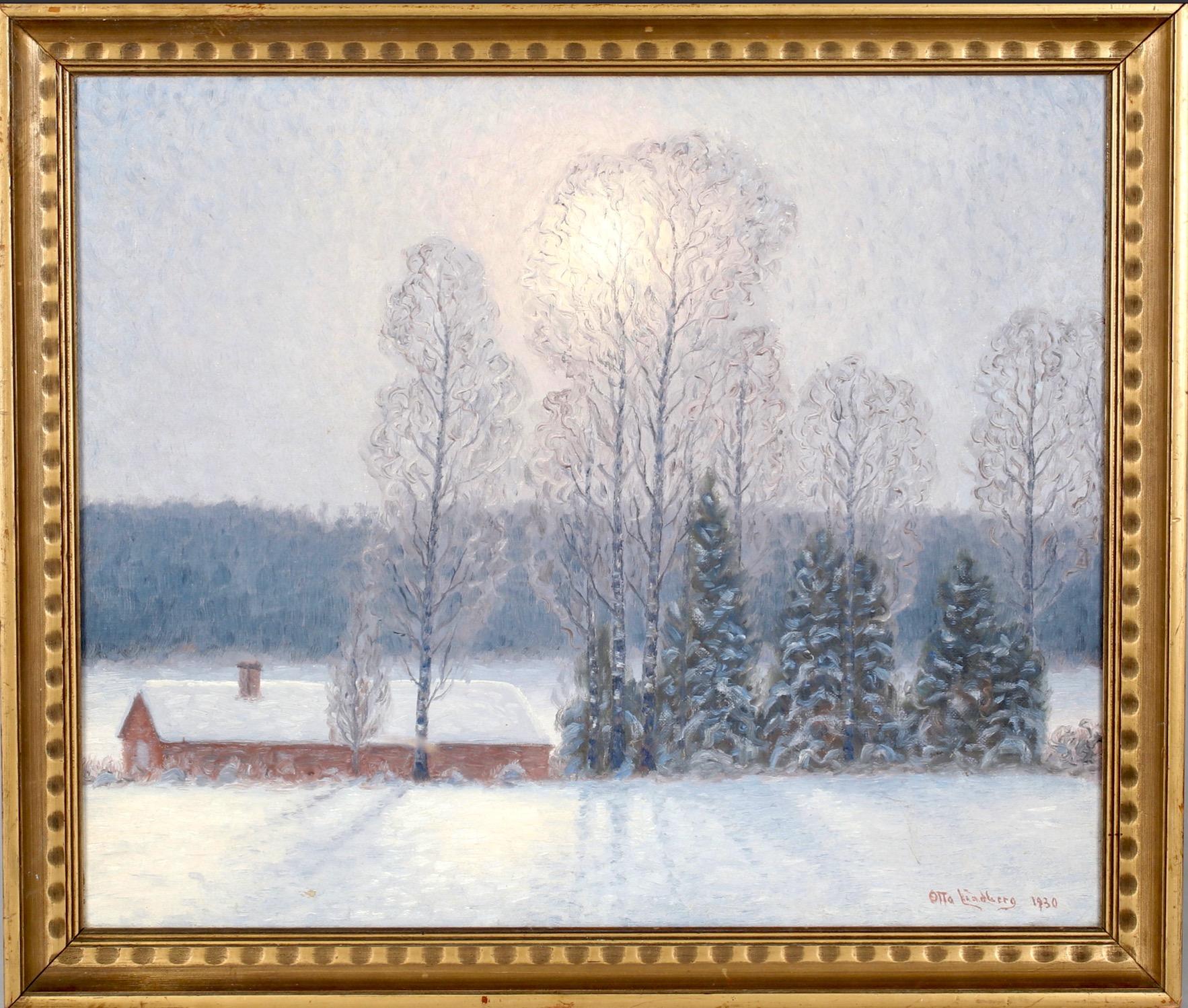 Landscape Painting di Otto Lindberg - Paesaggio invernale con Cabine rosse - Olio su tela del 1930