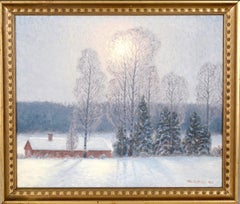 Paesaggio invernale con Cabine rosse - Olio su tela del 1930