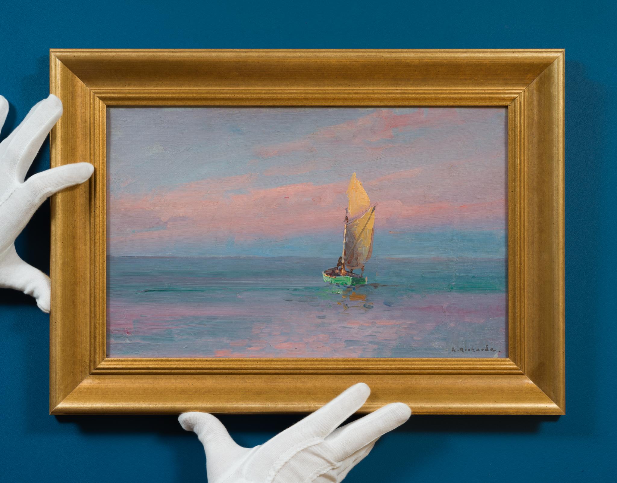 Vela serale - Riflessi del tramonto sulla costa svedese - Painting di Otto Ludvig Richarde