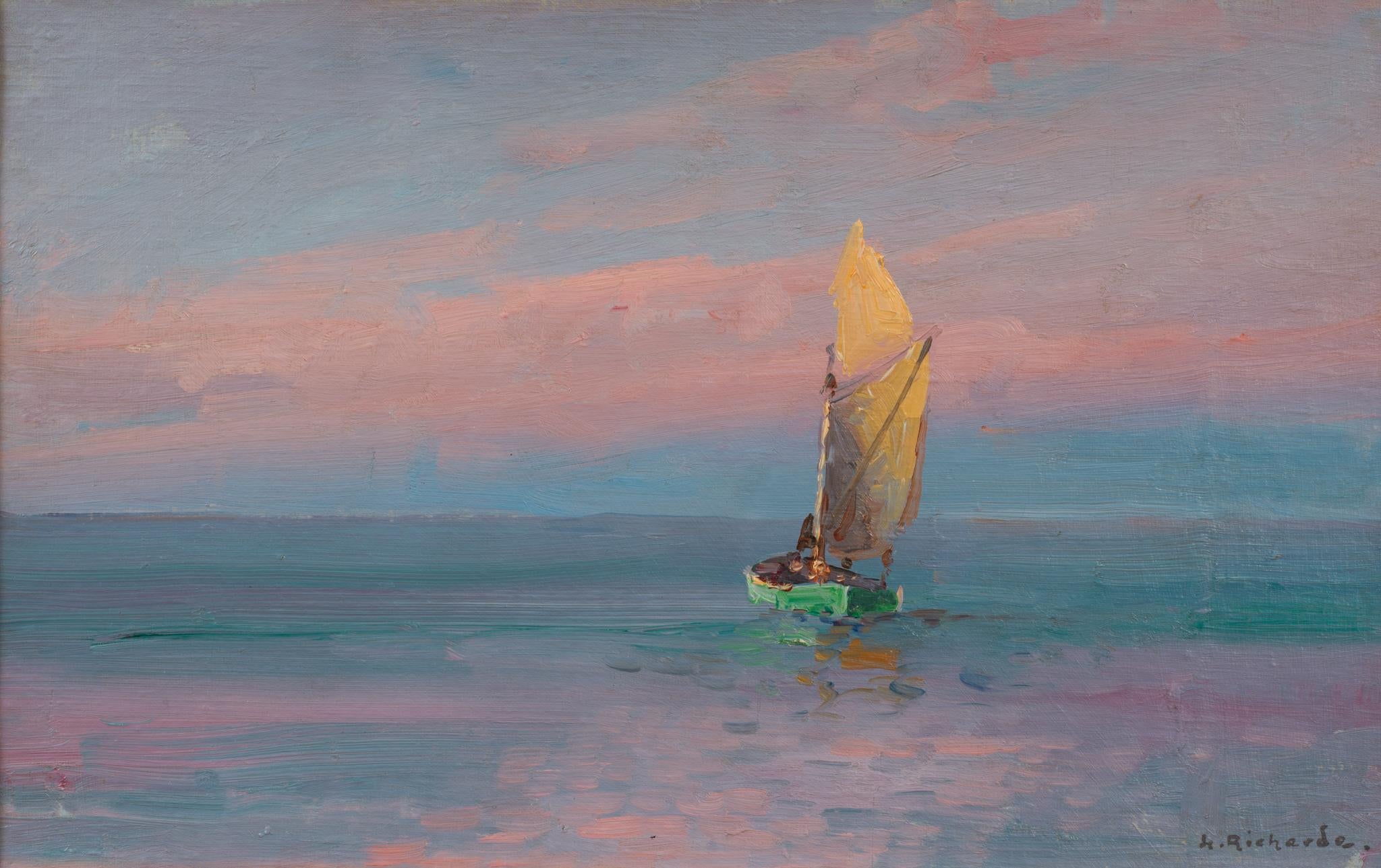 Vela serale - Riflessi del tramonto sulla costa svedese - Painting Impressionismo di Otto Ludvig Richarde