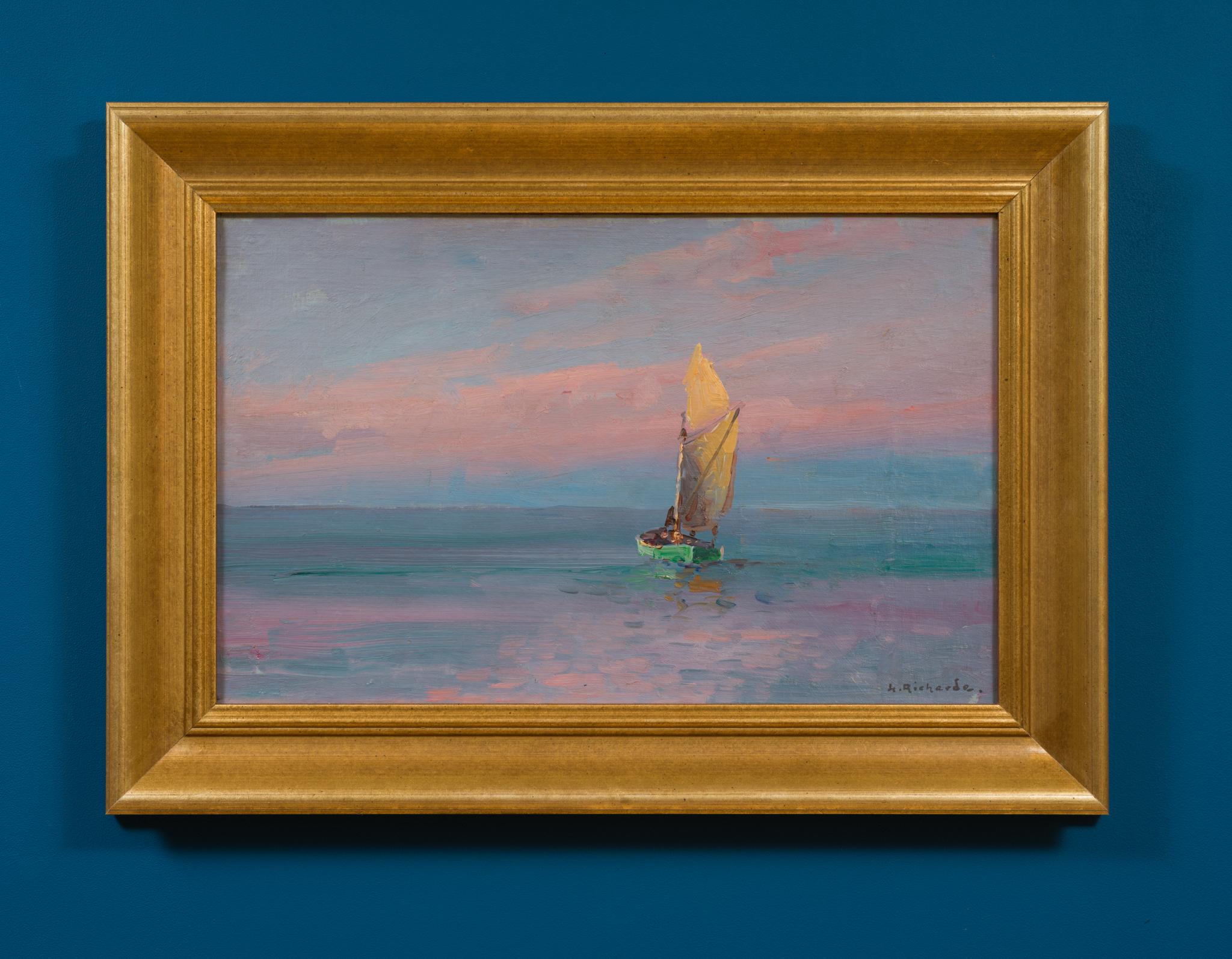 Vela serale - Riflessi del tramonto sulla costa svedese - Figurative Painting Marrone di Otto Ludvig Richarde