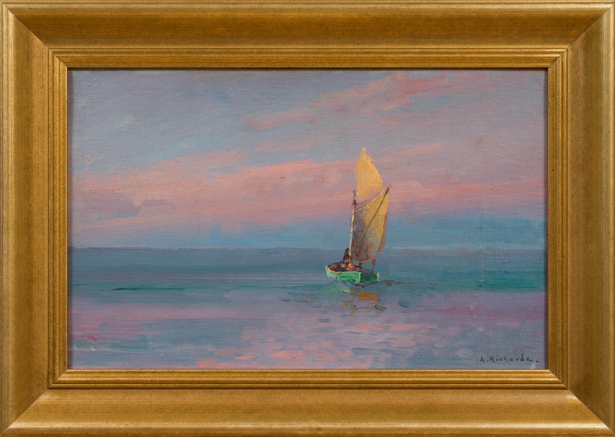 Questo affascinante dipinto marino dell'artista svedese Ludvig Richard cattura una barca a vela solitaria che scivola su acque tranquille, immersa nella delicata luce del crepuscolo. La tavolozza è ricca di rosa e viola tenui, che evocano la quiete