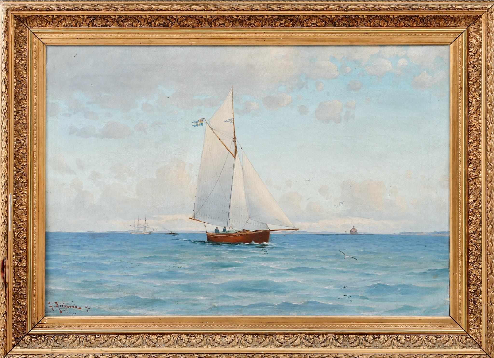 Ludvig Richarde, Kleiner Gaffelkutter, der am Leuchtturm Böttö vorbeisegelt – Painting von Otto Ludvig Richarde