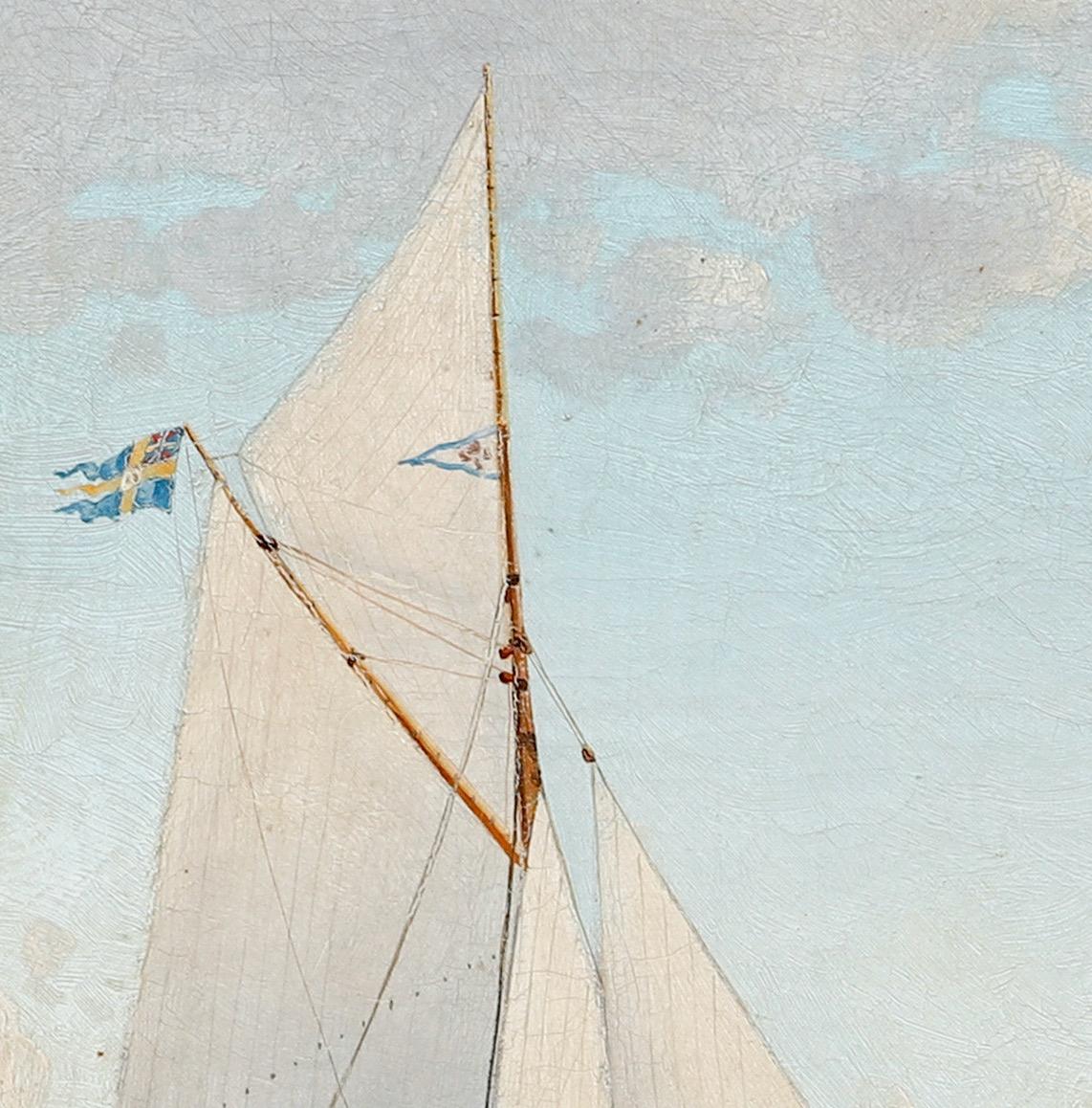 Dieses historisch interessante Gemälde von Otto Ludvig Richarde (1862-1929), signiert und datiert 1891, zeigt ein kleines privates Gaffelkutter-Segelboot, das an einem sonnigen, wolkenverhangenen Tag an der schwedischen Westküste vor den Toren