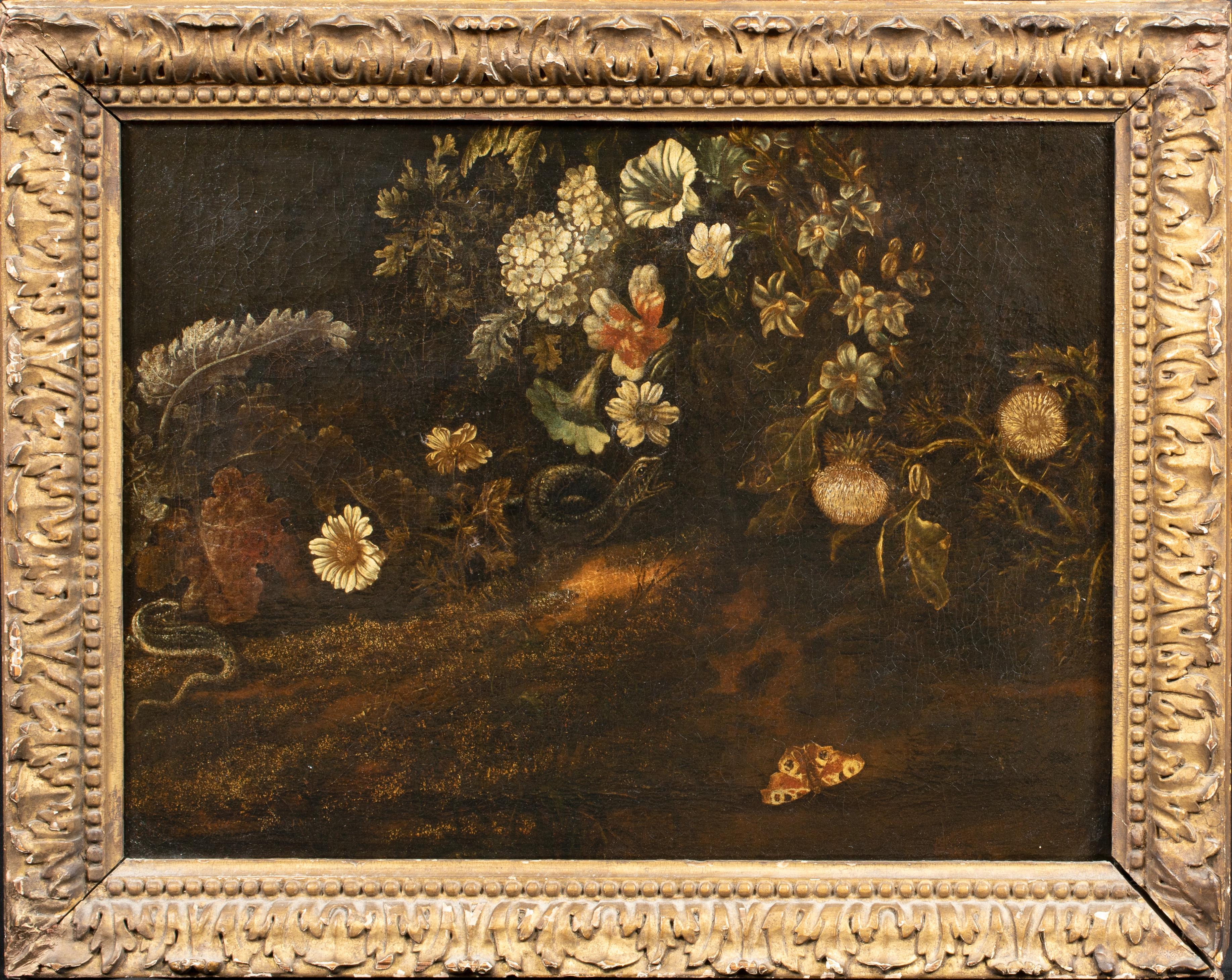 Sottobosco with snake, lizard and butterfly , 17th Century  - Painting by Otto MARSEUS VAN SCHRIECK 