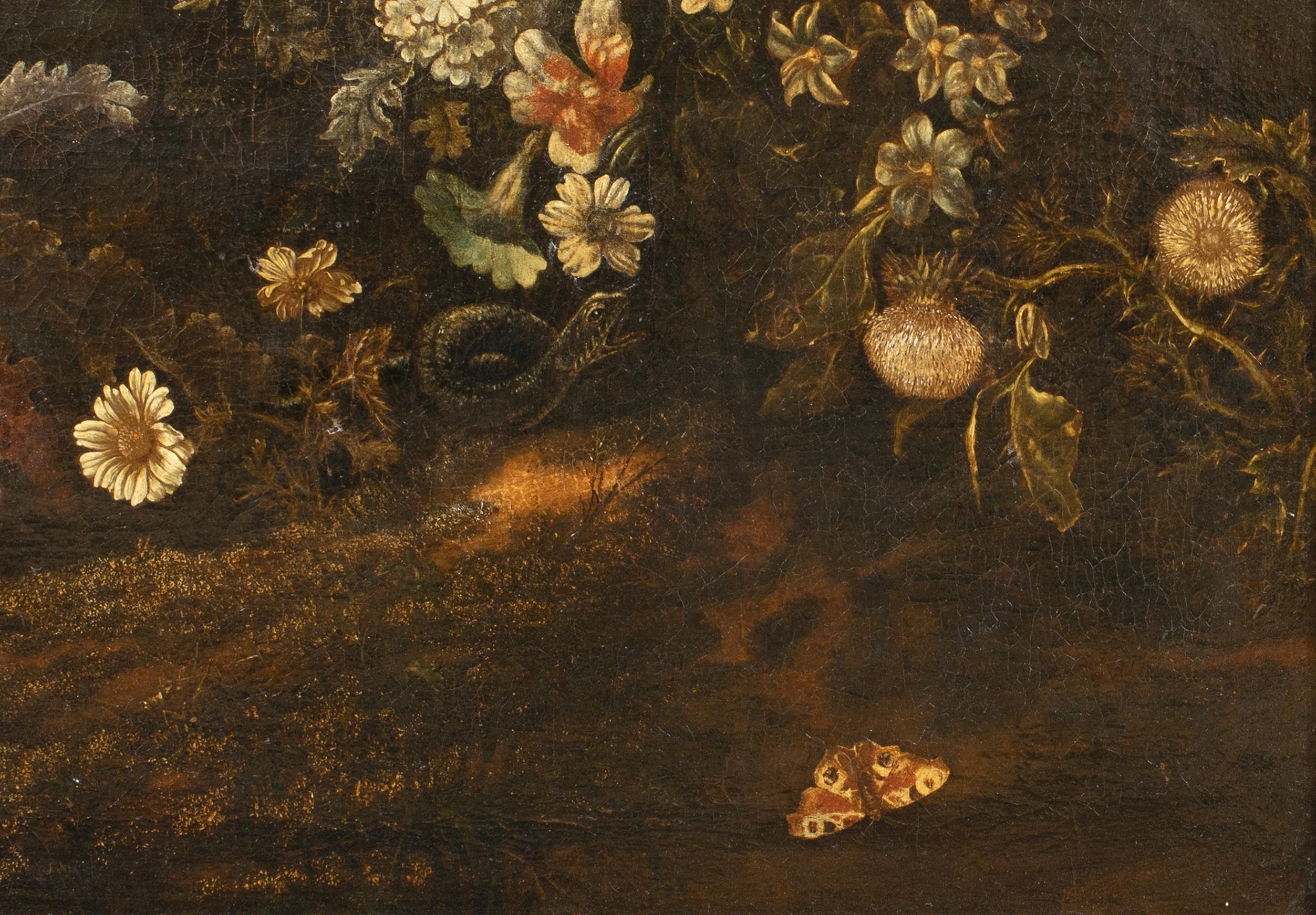 Sottobosco with snake, lizard and butterfly , 17th Century  - Brown Portrait Painting by Otto MARSEUS VAN SCHRIECK 