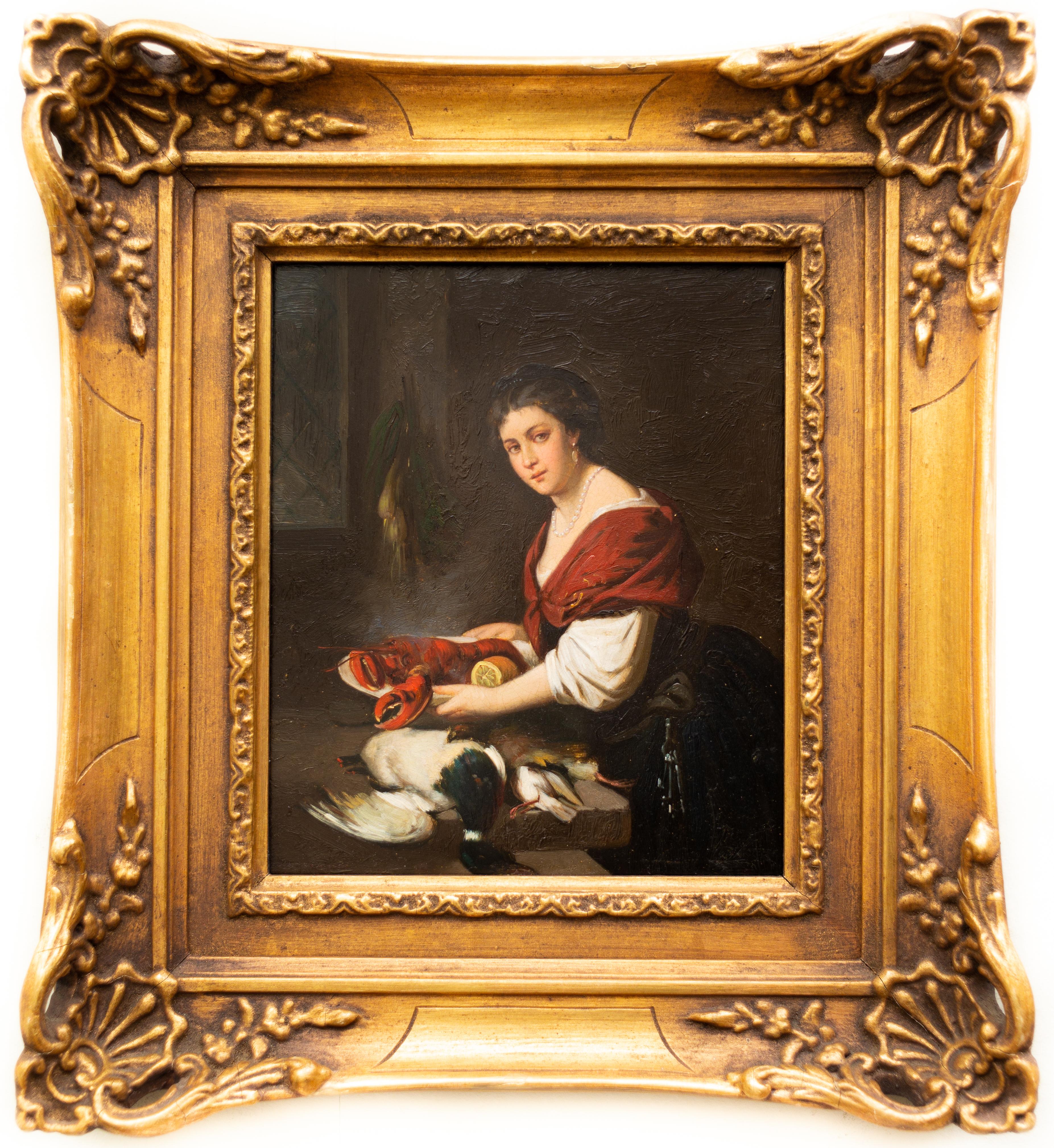 Un pezzo delicato - Donna con aragosta su un piatto e anatre di Otto Meyer, 1873 ca. 1