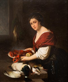 Un morceau délicat - Une femme avec un homard sur une assiette et des canards par Otto Meyer, c.1873